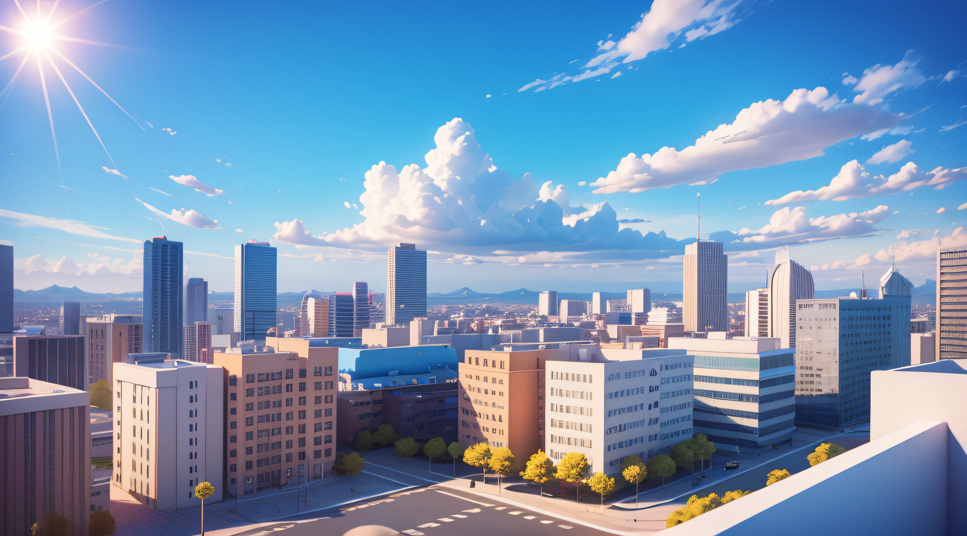 3D render of a cute city landscape with a sun in the top right side, kids cartoon style, high detailed textures, soft smooth textures, blue gradient in background.
