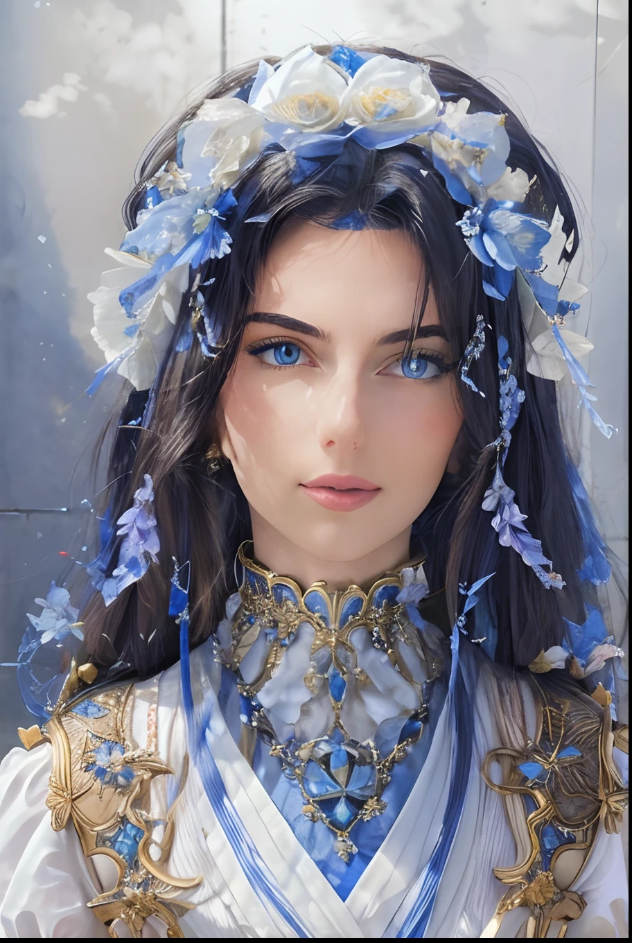 Close-up of a woman in a blue and white dress, a beautiful fantasy empress, a beautiful fantasy empress, a handsome female, Beautiful Maiden