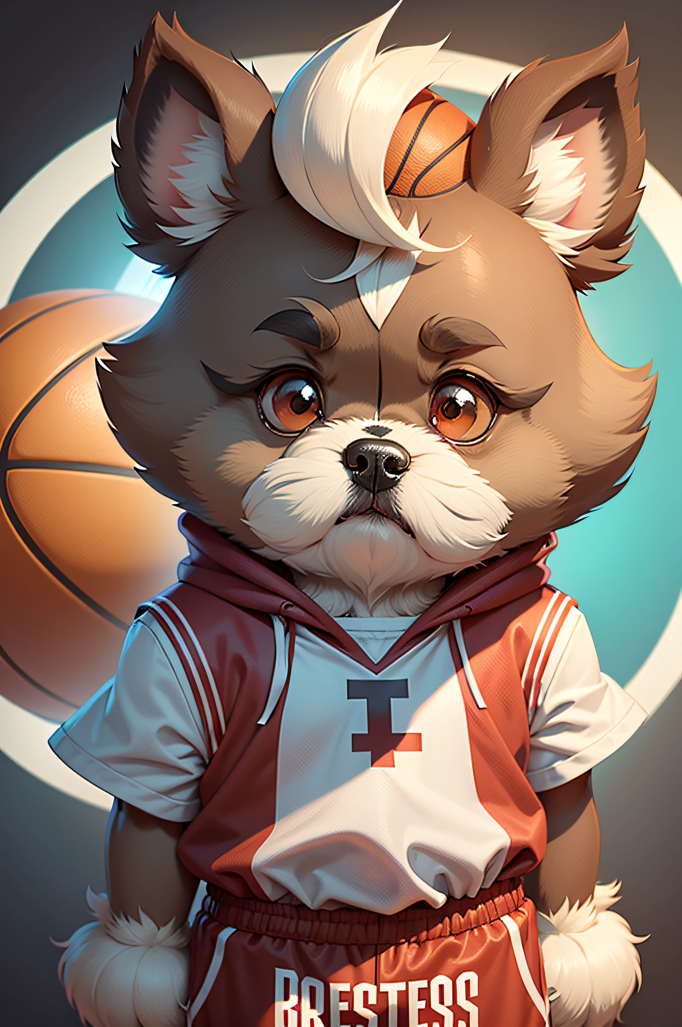 C4tt4stic, Cartoon of basketball player red color uniform、Breed Shih Tzu(ears are light brown、The right half of the face is light brown.、The left half of the face is white、Hair is short)