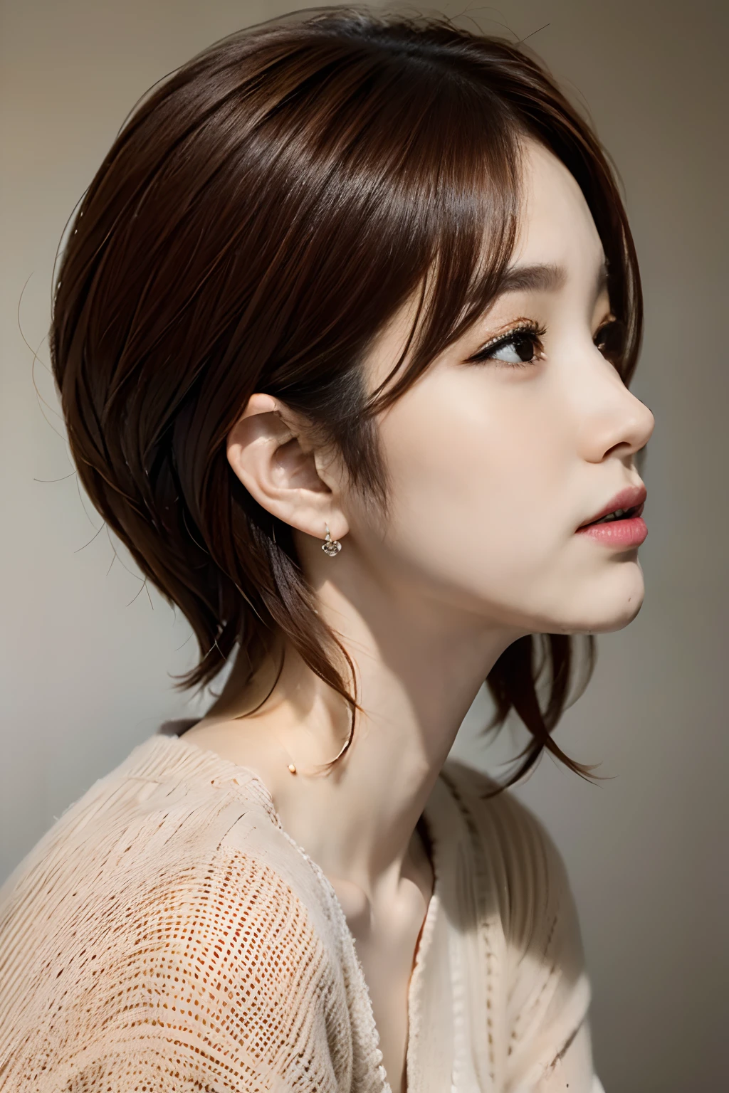 profile,Woman staring into the distance,Brown-haired short bob、Beautiful profile、piercings