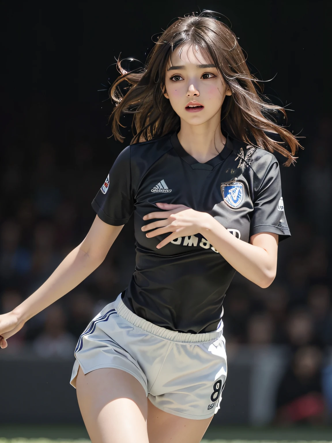 Masterpiece, Best Definition, High Quality, a beauti, Japanese, , 10 years Cute, Short face, Round face, detailed, Swollen eyes, Detailed Eyes, Detailed skins, beautiful skin, The ultra-Highres, (Reality: 1.4),Very beautiful, beautiful skin, Slender, (ultra realisic), (high resolucion), (8K), (Very detailed) (Best Illustration), (Beautifully detailed eyes), (A highly detailed), (Detailed face), Fine details, Detailed face, angle from waist up, photograph realistic, bright lighting, Professional Lighting, Dark-brown hair, bang, unkempt hair, Soccer, ((tight black color soccer uniform)), running, Chelsea jerseys,Applying makeup, Sportswear, Dynamic,(((soccer player))),(dynamic pose),(cowboy shot face through thighs),8 Qud、Digital SLRs、Soft light、High Quality、film grain、FUJIFILM XT3 、shallow depth of field、natural soft light,huge breast, long stylish bangs,skiny,Profile,(((jumping)))