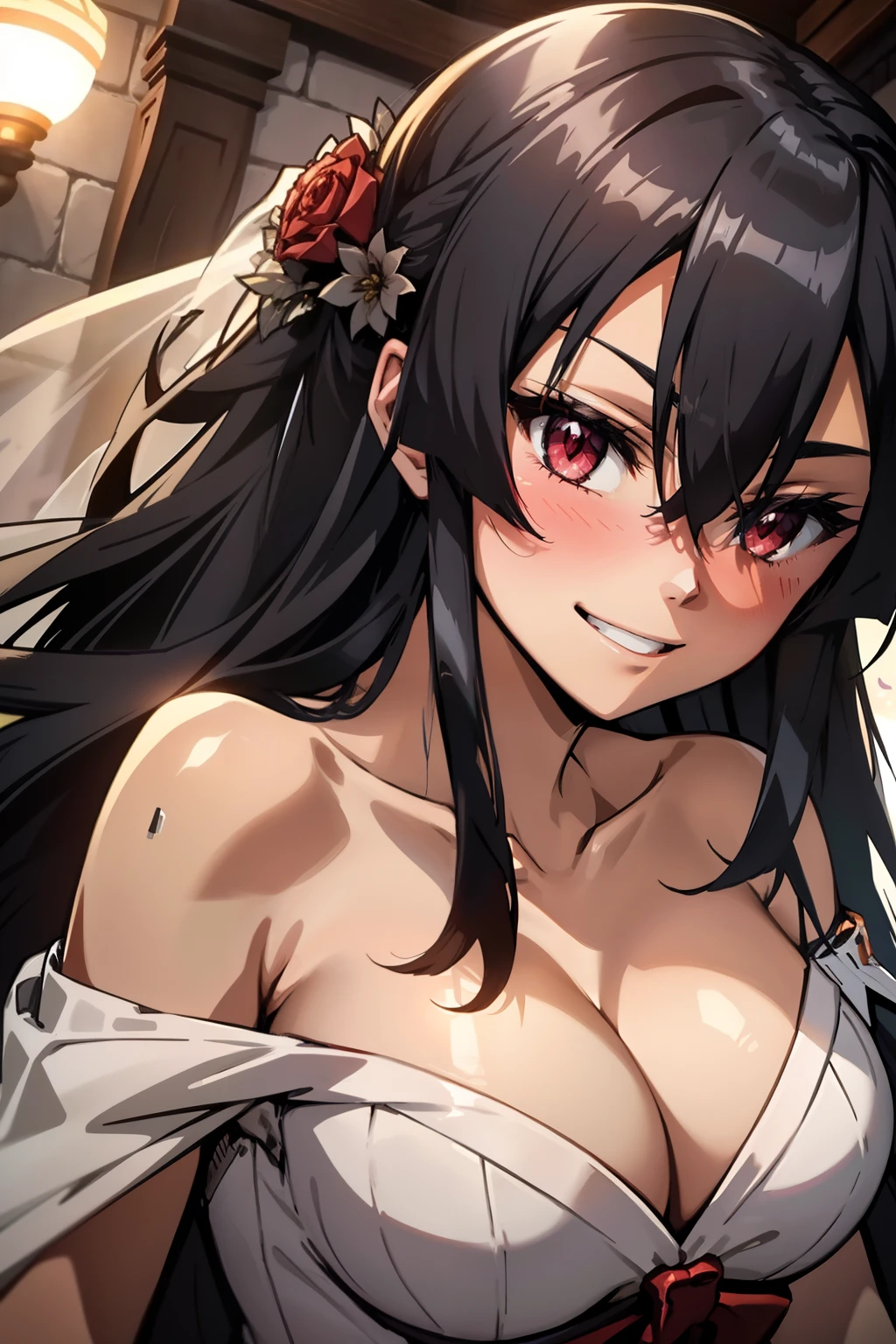 Akame (akame ga kill), wearing a off-shoulder strapless wedding dress, warm smile with a blush