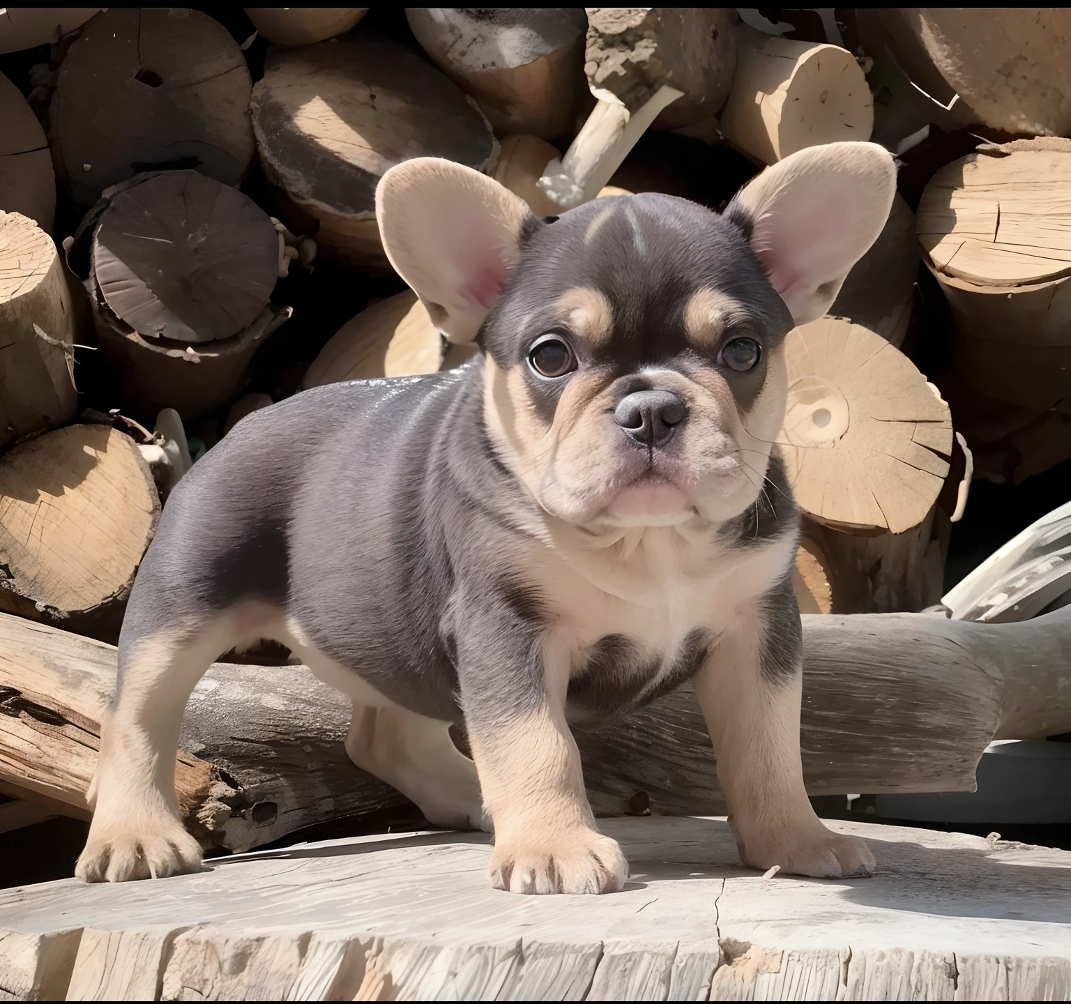 There is a small dog standing on a log in front of a pile of logs, french bulldog, Gorgeous features, very realistic appearance, muito alto detalhamento, muito detalhado, muito realista, extremamente bonito, muito detalhado, muito alto detalhamento, very realistic, muito muito detalhado, atordoante!, super altamente detalhado, hiperdetalhado!!!, Filhotes, muito elegante, preto e branco, handmade, sckecht