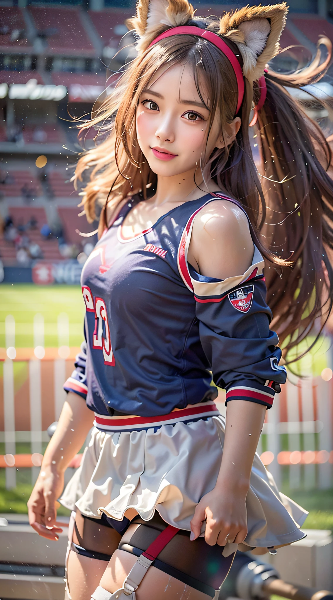 (8k, highest quality, high resolution), (photo realistic:1.4), (hyper realistic:1.4), (realistic:1.3), (smoother lighting:1.05), (1girl:1.3), inside the stadium, cheerleader, The upper part of the body, (body wet with sweat, face wet with sweat: 1.3): 0.2, Beautiful face:1.2, medium breasts, ruffled miniskirt, knee-high boots, 18 years old, very detailed face:1.37, makeup, lipgloss, face focused, standing, small face, looking forward, wearing a garter belt, fox ear headband, toned hips, smile:1.3