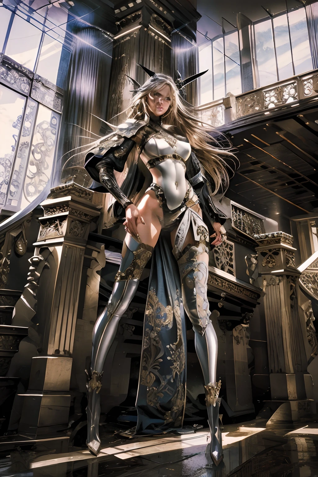 Masterpiece, best quality, super detailed, illustration, beautiful detailed eyes, gigantic sexy mascular women, posing standing arm up, wearing skinny viking armor