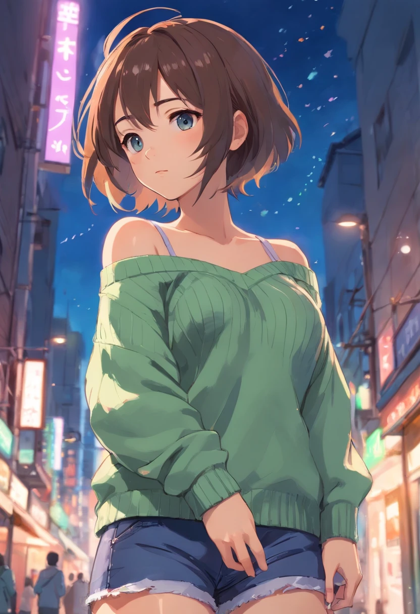(), huge tit,(masutepiece), Best Quality, Extremely detailed, (watercolor paiting), bloom, Delicate and beautiful, Illustration, (From below),(1girl in:1.4), (Solo:1.2), Large breasts, (Ribbed sweater:1.3), off-the-shoulder sweater, (Short shorts:1.2), Bare shoulders, (underboob), ((Dark skin:0.8)), Beautiful eyes, (disheveled hair ), Photography, over-the-shoulder shot, by Alex Maleev, Professional, Canon Camera, Nikon Camera, sharp, Bokeh, Studio Quality, fish-eye lens, by Robert Capa ,