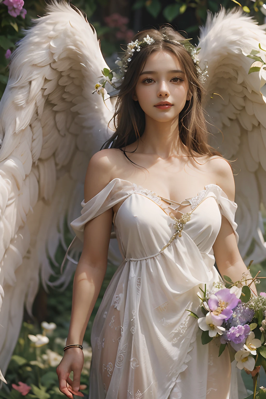 ((( garden with flowers behind))),, Gorgeous face,(((smile:1.0))),(((standing:1.8))),
(25 years old gorgeous beautiful woman:1.5),(((looking at viewer))), (((Standing with one foot raised, balancing))), (((angel with white big wings like swan wings ))),
anglecore, angel with big wings wrapped up the body, hugging knees, soft lighting, medieval fashion, aftermath of battlefield, crying, sombre, from the gate of infinity, postmodern photography, large-scale portraits, eccentric detail placements,