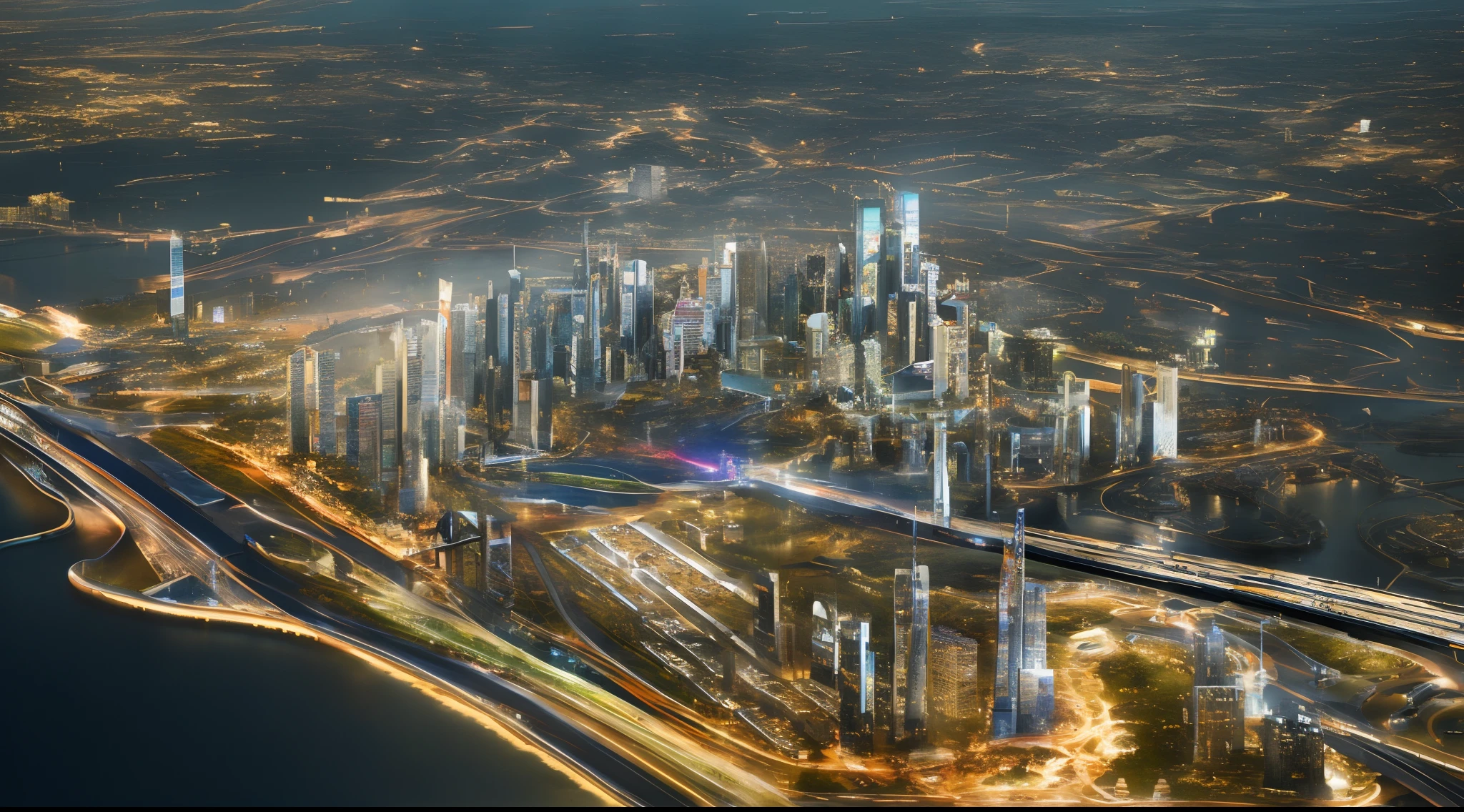 Masterpiece, Best quality, High quality, Extremely detailed Cg Unity 8K wallpaper, award winning photography, hdr, color difference ,Photorealistic, Extremely detailed, trending on artstationh, trending on CGSociety, Intricate, High detail, Dramatic, art by midjourney, Landscape of a futuristic sci-fi city, sci-fy, Ultra photo realsisim, high resolution, City