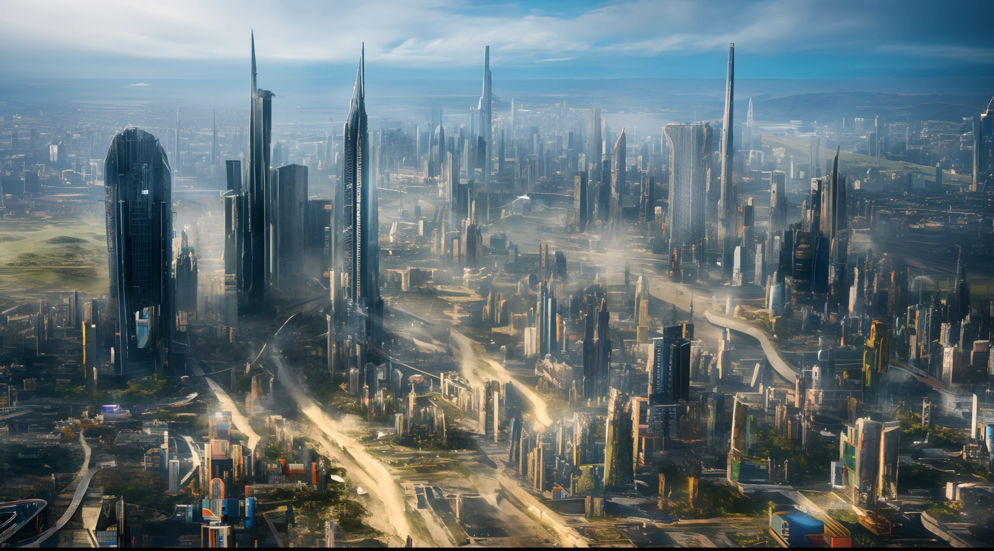 Masterpiece, Best quality, High quality, Extremely detailed Cg Unity 8K wallpaper, award winning photography, hdr,  color difference ,Photorealistic, Extremely detailed, trending on artstationh, trending on CGSociety, Intricate, High detail, Dramatic, art by midjourney, Landscape of a futuristic sci-fi city, sci-fy, Ultra photo realsisim, high resolution, City