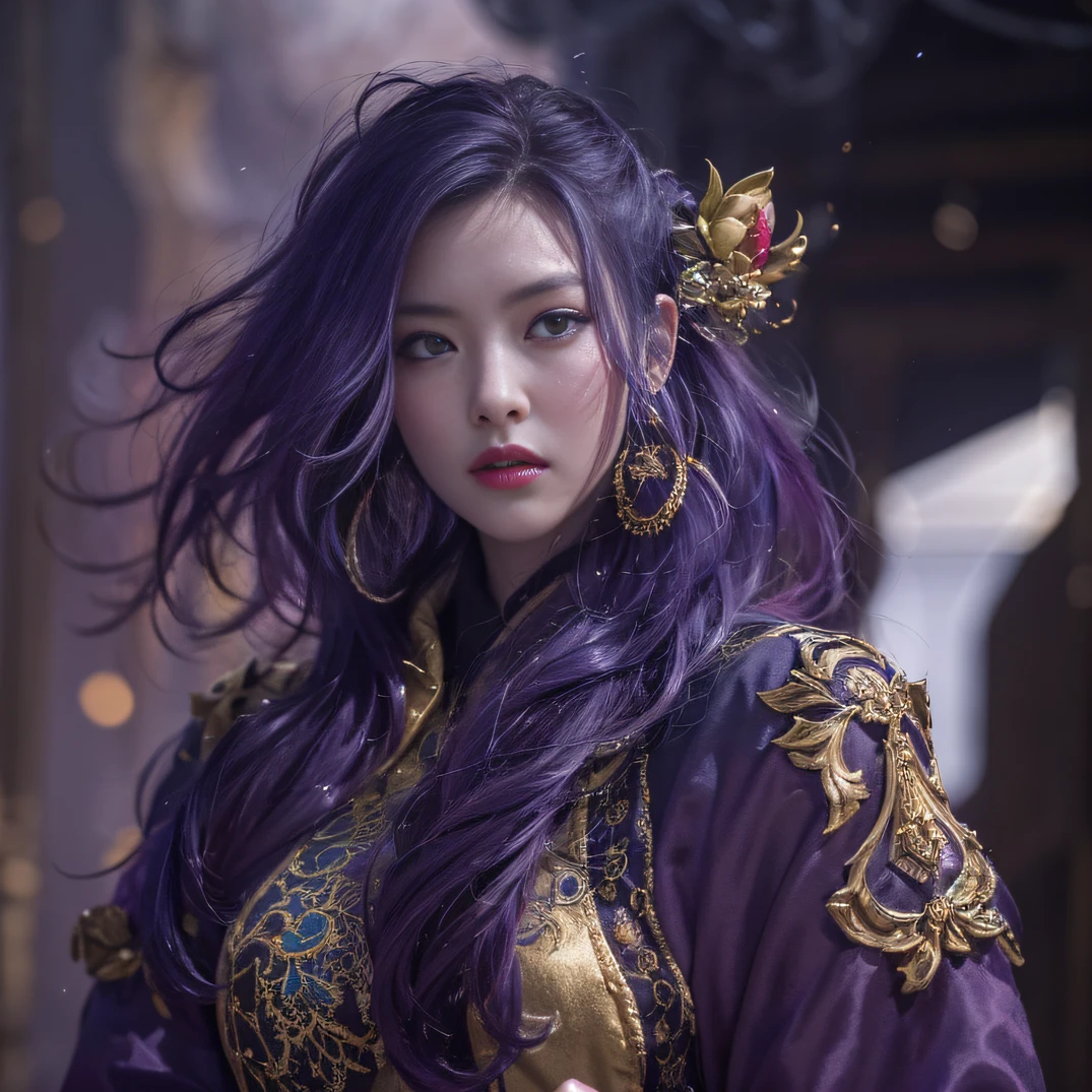 Blood Tavern 32K(tmasterpiece,k hd,hyper HD,32K)Long flowing bright purple hair,blood pond,zydink, a color,Grumpy tavern (Post-halo), (Linen scarf), Combat posture, looking at the ground, long whitr hair, Floating bright purple, Fire cloud pattern gold tiara, Chinese long-sleeved gold silk burgundy garment, pub(Abstract metaverse splash:1.2), white backgrounid,Lotus vitality protector(realisticlying:1.4),Bright purple hair,Smoke on the road,The background is pure, A high resolution, the detail, RAW photogr, Sharp Re, Nikon D850 Film Stock Photo by Jefferies Lee 4 Kodak Portra 400 Camera F1.6 shots, Rich colors, ultra-realistic vivid textures, Dramatic lighting, Unreal Engine Art Station Trend, cinestir 800,A tavern with long flowing bright purple hair