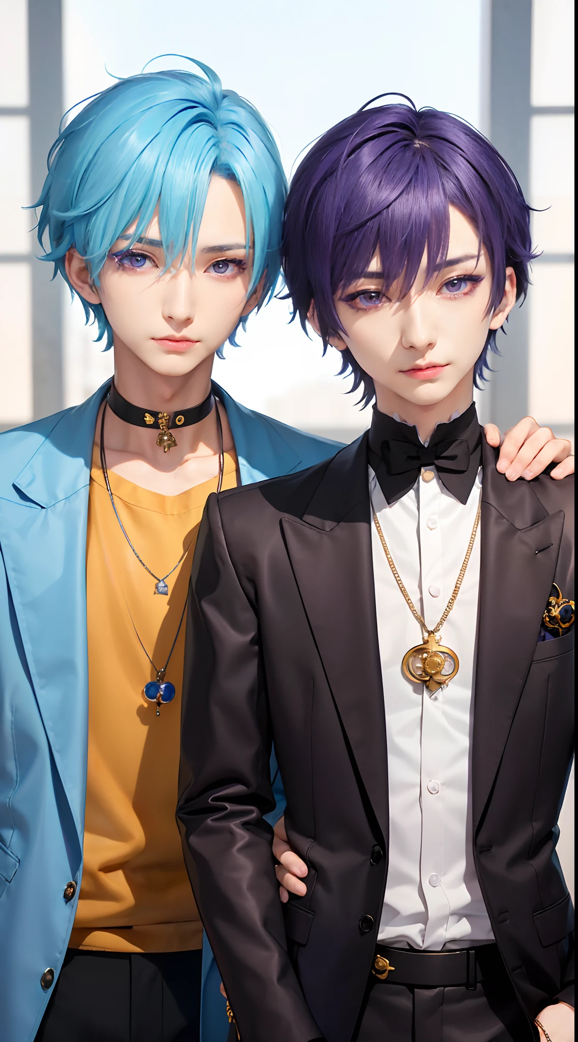 masterpiece, top-quality, 2Others, Male couple, 1 man and 1,, Adults, Height difference, different fashion, different color, finely eye and detailed face, intricate detailes, Casual clothing, window, A smile, Happiness, tenderness, queers, Boys Love, high-level image quality、 selfee, Two beautiful men、tall、The upper part of the body、nightfall、nighttime scene、𝓡𝓸𝓶𝓪𝓷𝓽𝓲𝓬、Korean Male, Idol Photos, k pop, Professional Photos, Vampires, Korean fashion in black and white, Fedoman with necklace, inspired by Sim Sa-jeong, androgynous vampire, :9 detailed face: 8, extra detailed face, detailed punk hair, ((eyes are brown)) baggy eyes, Seductive. Highly detailed, semi realistic anime, Vampires, hyperrealistic , delicate androgynous prince, imvu, short hair above the ears, Man with short hair, With a purple-haired man with a wild expression, Man with light blue hair with gentle expression, ((With a short-haired man with bright purple hair)), ((Man with light blue hair))