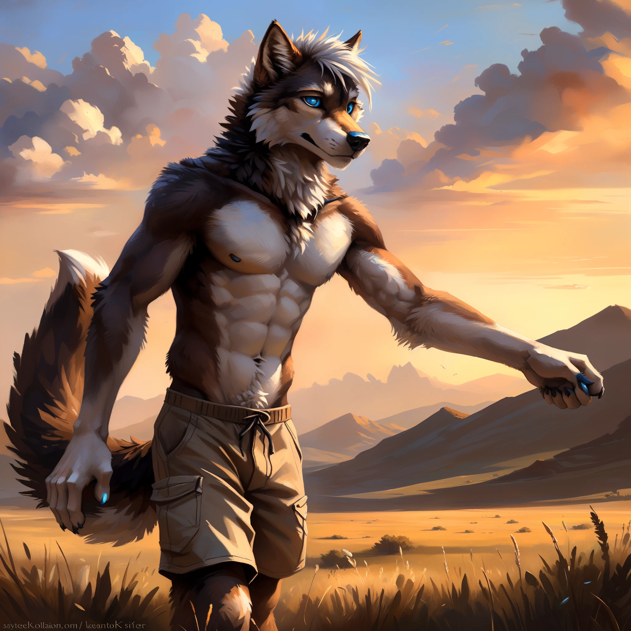 ((Solo)), male people, anthro wolf, (Multi-colored fur, White-brown:1.3), ((Wolf face, White hair, Big eyes, White eyelids, Blue pupil, Slim:1.2) (Tough, Calm expression:1.2)), Abs, Slim, pinging)), (Correct anatomy), (Work shorts:1.1), (Contour bone:1.2), The upper body is naked, (detailed outfits),A big tail,Feet,(Realistic fur, Detailed fur texture, labeled:1.3)), (Natural lighting), Photorealistic, Hyperrealistic, ultradetailed, by Kenket,Endless grasslands,No buildings,erect through