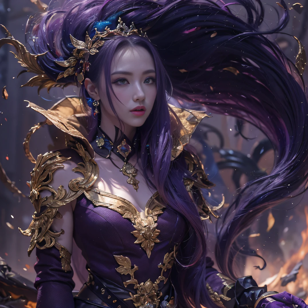 32K(tmasterpiece,k hd,hyper HD,32K)Long flowing bright purple hair,Autumn Pond,zydink, a color, Asian people (Kizi), (Red scarf), Combat posture, looking at the ground, long whitr hair, Floating bright purple, Fire cloud pattern gold tiara, Chinese long-sleeved gold silk garment, (abstract ink splash:1.2), white backgrounid,Lotus protector(realisticlying:1.4),Bright purple hair,Smoke on the road,The background is pure, A high resolution, the detail, RAW photogr, Sharp Re, Nikon D850 Film Stock Photo by Jefferies Lee 4 Kodak Portra 400 Camera F1.6 shots, Rich colors, ultra-realistic vivid textures, Dramatic lighting, Unreal Engine Art Station Trend, cinestir 800,Long flowing bright purple hair