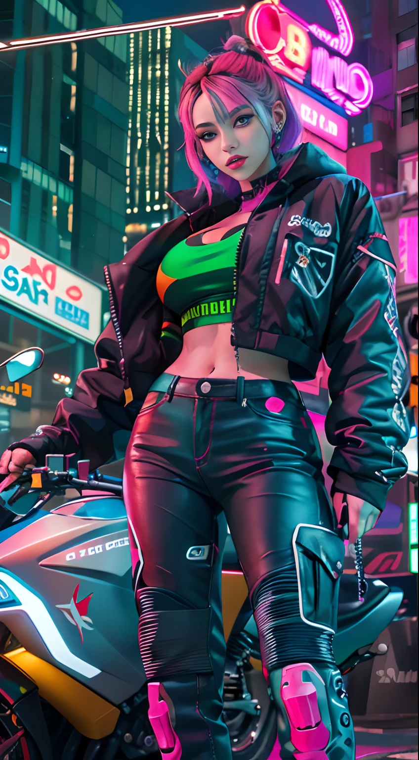 Masterpiece, Best quality, Confident cyberpunk girl, Full body shot, ((Stand in front of the motorcycle)), Popular costumes in Harajuku style, Bold colors and patterns, Eye-catching accessories, Trendy and innovative hairstyle, Vibrant makeup, Cyberpunk's dazzling cityscape, skyscrapper, Neon signs, LED lights, Bright and vivid color scheme, anime big breast, illustration, Detailed skin texture, Detailed cloth texture, Beautiful detailed face, Intricate details, Ultra detailed.