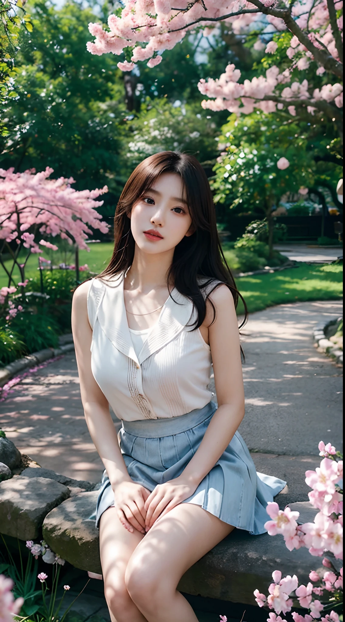 Best quality, 4K,8K,Realistic, Photorealistic, extremely detaile, An extremely delicate and beautiful, RAW photo, Japanese and Korean beauties，South Korean beauties，Wear JK, mini-skirts，Large breasts，(Beautiful detailed eyes,beautiful detailed lips,Extremely detailed eyes and face,long eyelasher), Beautiful hair, joyful expressions, Surrounded by cherry blossom trees, It has a kawaii anime style, In a picturesque garden full of sunshine. The artwork is of the best quality, With ultra-detailed features and realistic, Realistic touch. vibrant with colors，The lighting creates a warm atmosphere, Dreamy atmosphere.