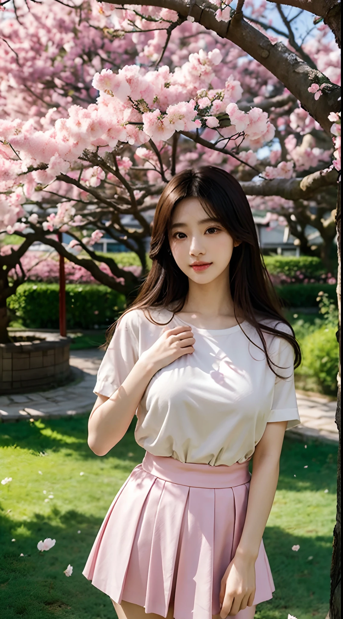 Best quality, 4K,8K,Realistic, Photorealistic, extremely detaile, An extremely delicate and beautiful, RAW photo, Japanese and Korean beauties,South Korean beauties,Wear JK, mini-skirts,Large breasts,(Beautiful detailed eyes,beautiful detailed lips,Extremely detailed eyes and face,long eyelasher), Beautiful hair, joyful expressions, Surrounded by cherry blossom trees, It has a kawaii anime style, In a picturesque garden full of sunshine. The artwork is of the best quality, With ultra-detailed features and realistic, Realistic touch. vibrant with colors,The lighting creates a warm atmosphere, Dreamy atmosphere.