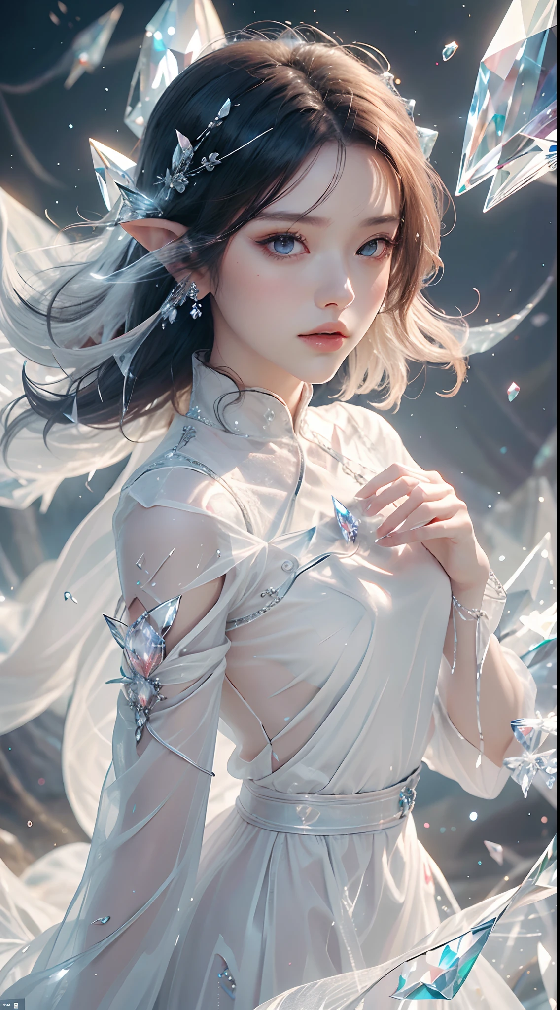 (Masterpiece, Top Quality, Best, Official Art, Beautiful and Aesthetic, Long Exposure: 1.2), Smooth Movement, Charming Patterns, 1 Girl, (Long Dress with Sleeves: 1.3), (((White Clothes) )), upper body close-up, bare shoulders, Chinese girl, blush, black lob hair, portrait, solo, upper body, looking at the observer, detailed background, detailed face, (crystallineAI, crystalline theme:1.1), elemental wind elves, rotation Wind, control the wind, white crystal clothing, dynamic pose, floating particles, ethereal dynamics, whirlwind, vapor, whirlwind in the background, white tone, whirlwind, ethereal atmosphere,
