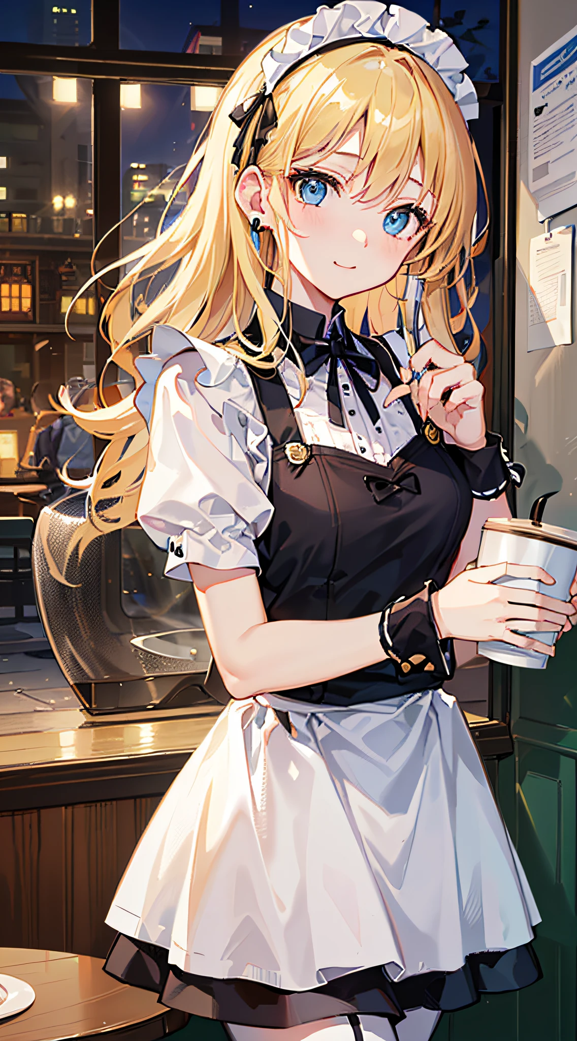 (high quality, 8k, 4K, High Contrast, masterpiece:1.2, 最high quality, Best aesthetics), beauty, Maid, Very detailed, レースのヘッドドレスをつけた魅惑的でエロティックなGalの女の子, smile, (Normal milk, Blonde, Twin tails), Focus on the face, Focus on the face, Complex eyes, tights, 40デニールの黒tights, coffee shop, Low angle shot, Viewers looking up,Gal,Open chest