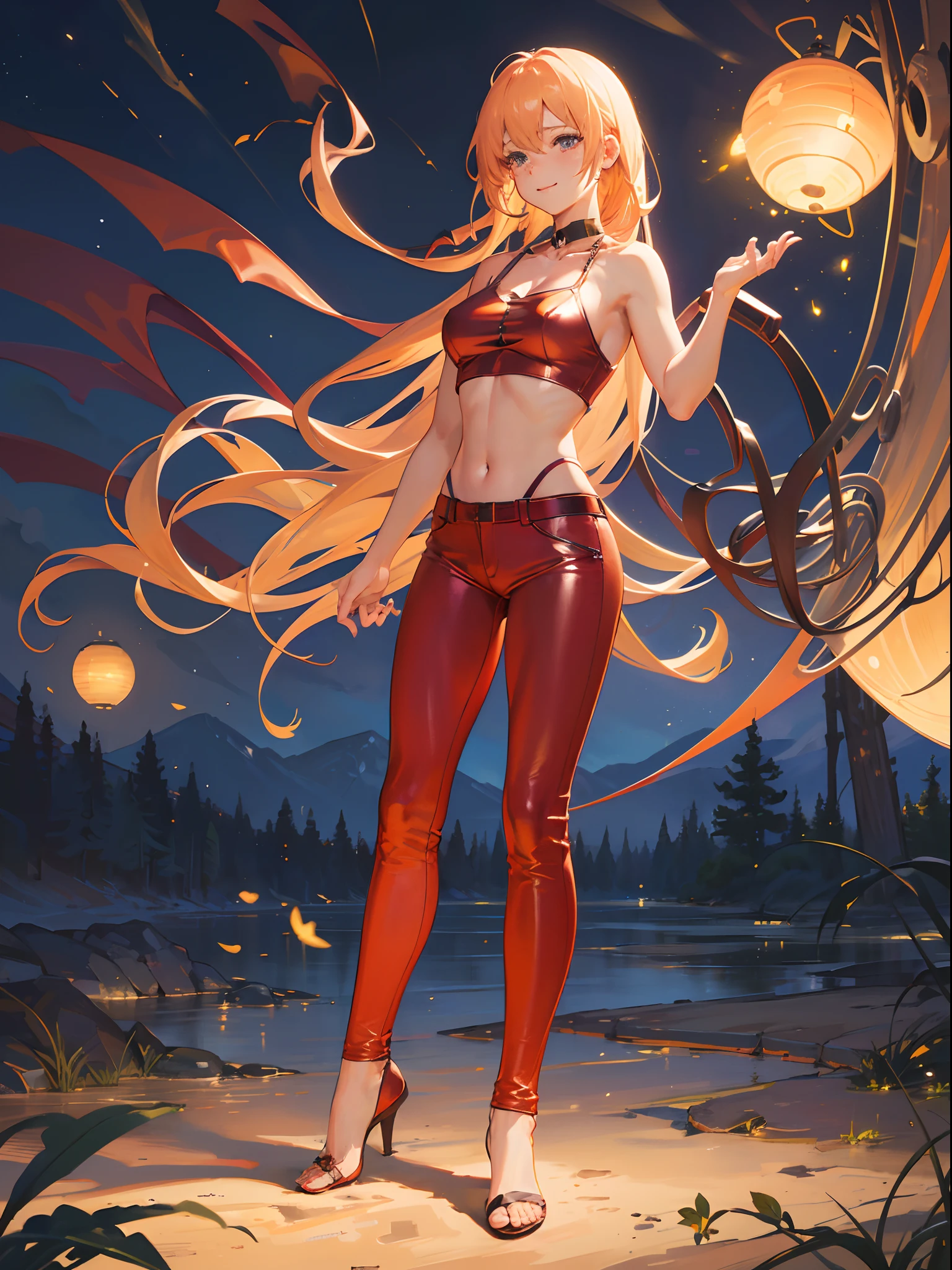 (8K, of the highest quality, masutepiece: 1.2), (Realistic, Photorealistic: 1.37), Super Detail, One girl, Wide-angle angle of view, Firefly Garden, There are many small faint lights and fireflies flying around, Night、Tank Tops、Red leather pants、(massive chest:1.5)、Gentle smile、