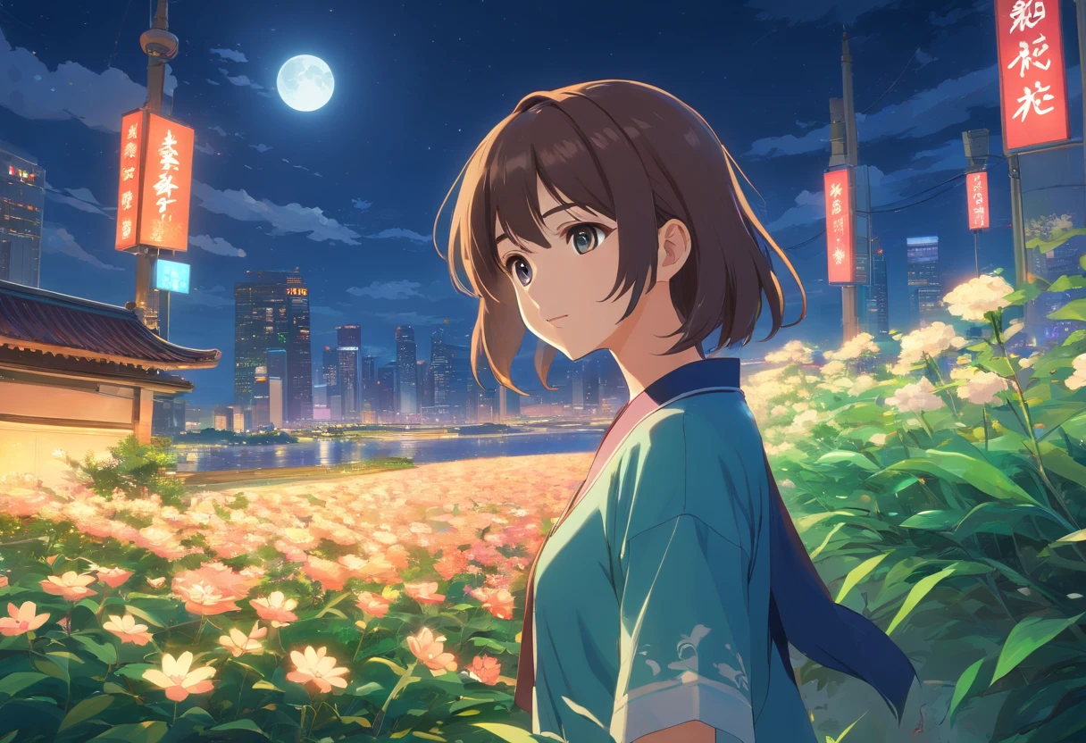 Best quality at best,tmasterpiece,The is very detailed,Face details,8K, detailed back ground,There are no characters,There are no humans,There are no characters,There are no roles,Pure landscape view,独奏,Chinese city,Chinese service,the night,themoon,scenecy,high place,horizon,ventania,wind blown,flowerbed