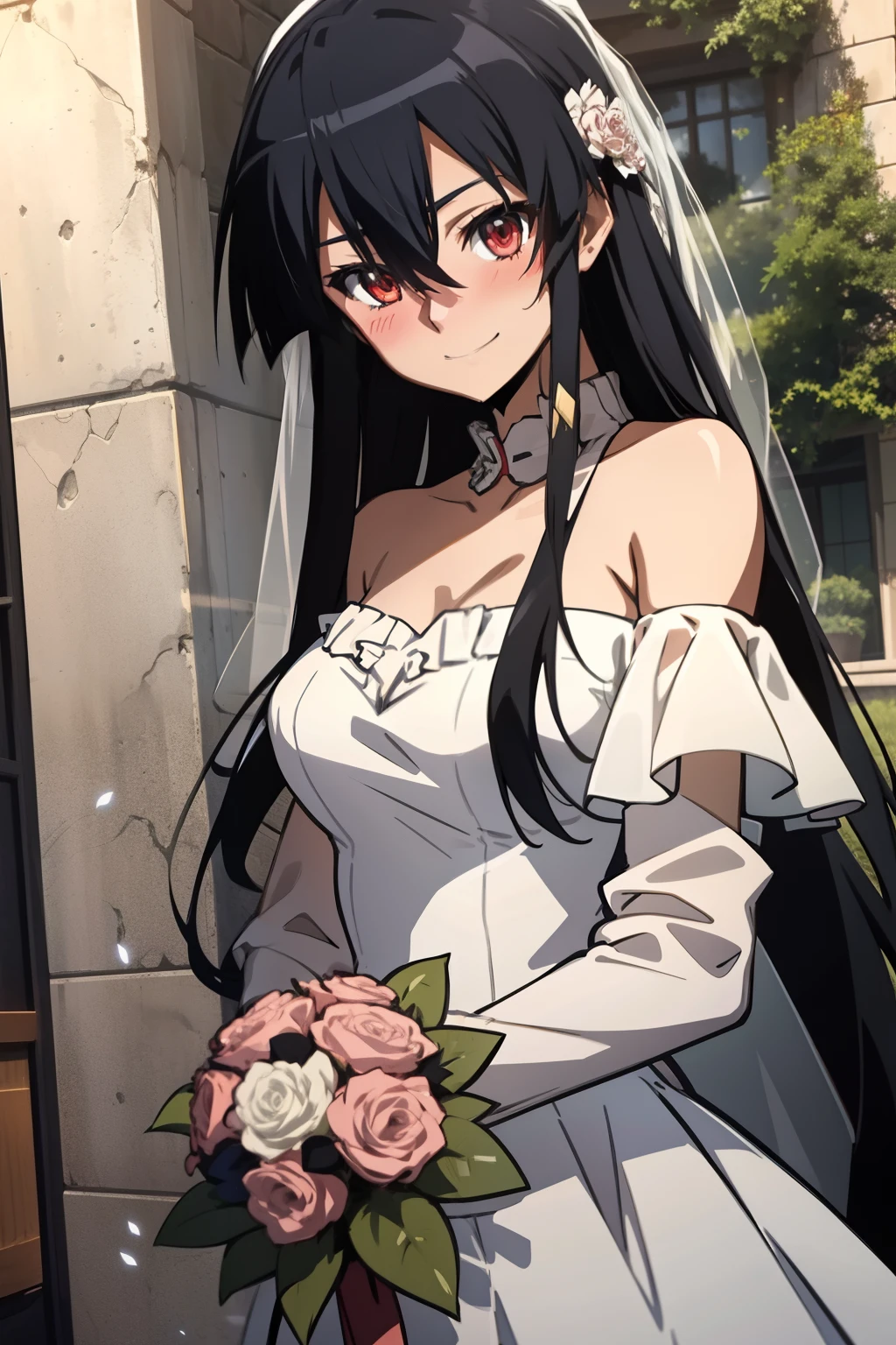 Akame (akame ga kill), wearing a off-shoulder strapless wedding dress, warm smile with a blush