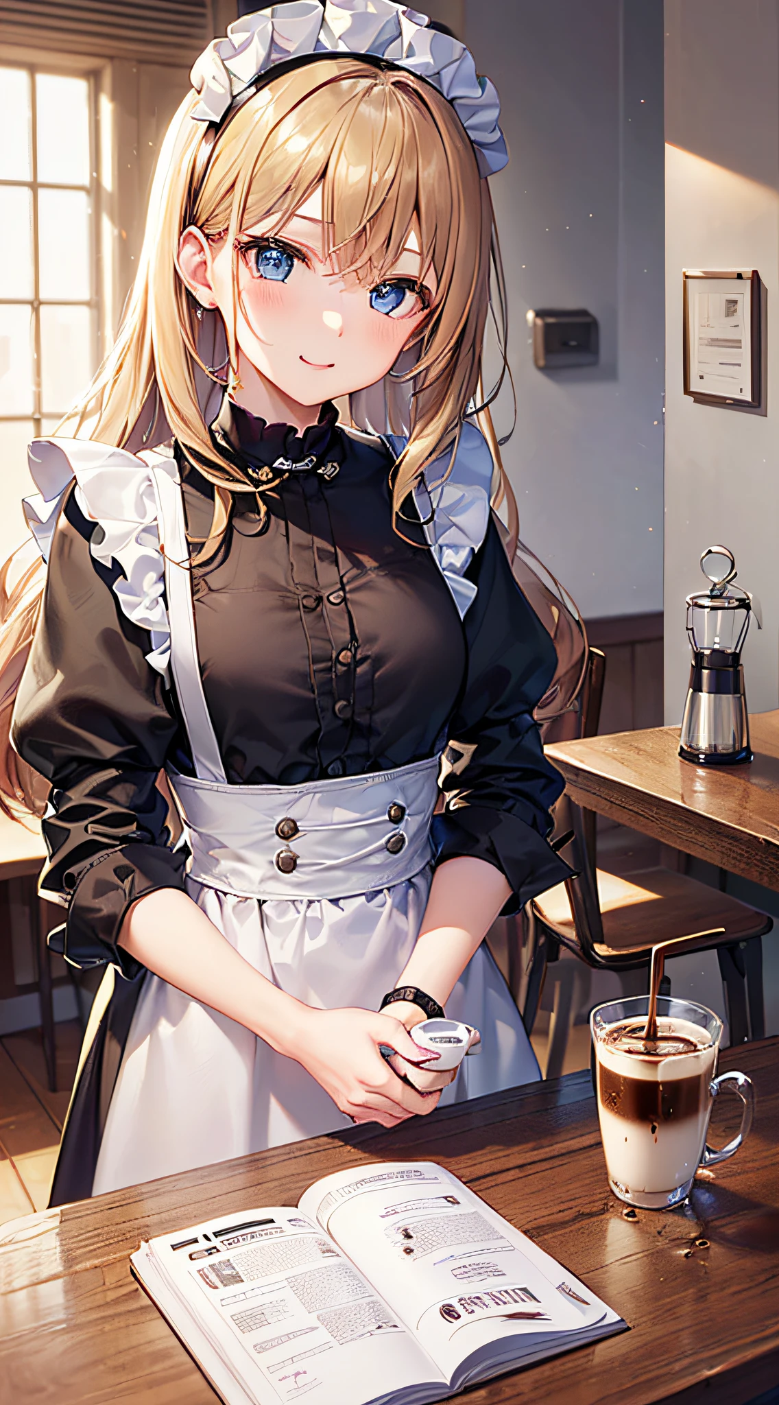 top-quality、Top image quality、​masterpiece、girl with((18year old、Maid clothes with open chest、Best Bust、Bust 85、a blond、Longhaire、Blue eyes、open chest wide、Valley、Happiness、Black wristband on wrist、A slender、耳Nipple Ring、The wind blows,holding coffee cup、close to viewer、Face-to-face with your audience、Take a seat、Cheek cane)）hiquality、visualart、Background with((Night Coffee Shop、Counter seats、Coffee maker))、The table(menu、Coffee Cups Coffee Cups、Sugar Bottle、Milk),masutepiece、