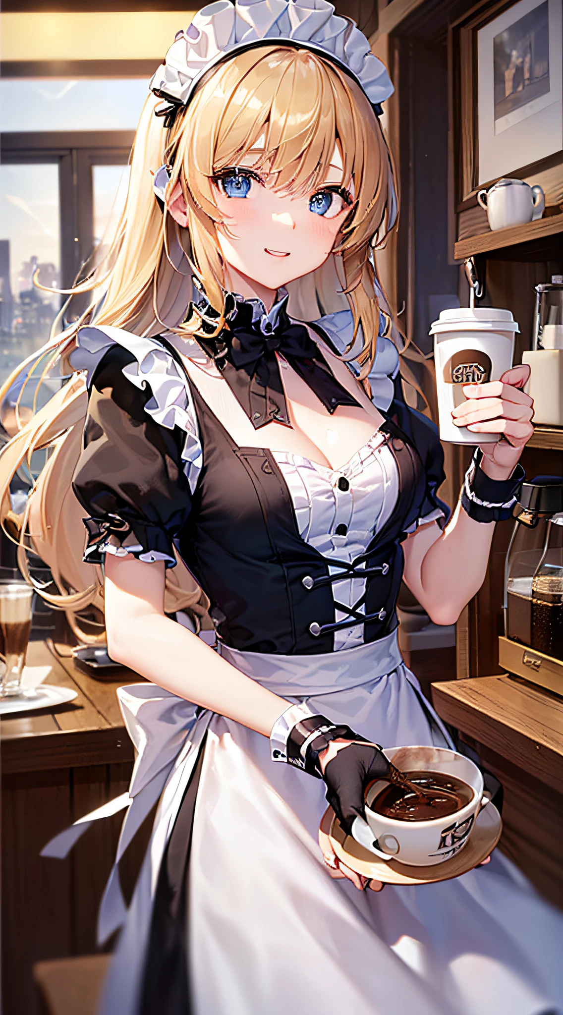 top-quality、Top image quality、masterpiece、girl with((18year old、Maid clothes with open chest、Best Bust、Bust 85、a blond、Longhaire、Blue eyes、open chest wide、Valley、Happiness、Black wristband on wrist、A slender、耳Nipple Ring、The wind blows,holding coffee cup、close to viewer、Face-to-face with your audience、Take a seat、Cheek cane))hiquality、visualart、Background with((Night Coffee Shop、Counter seats、Coffee maker))、The table(menu、Coffee Cups Coffee Cups、Sugar Bottle、Milk),masutepiece、