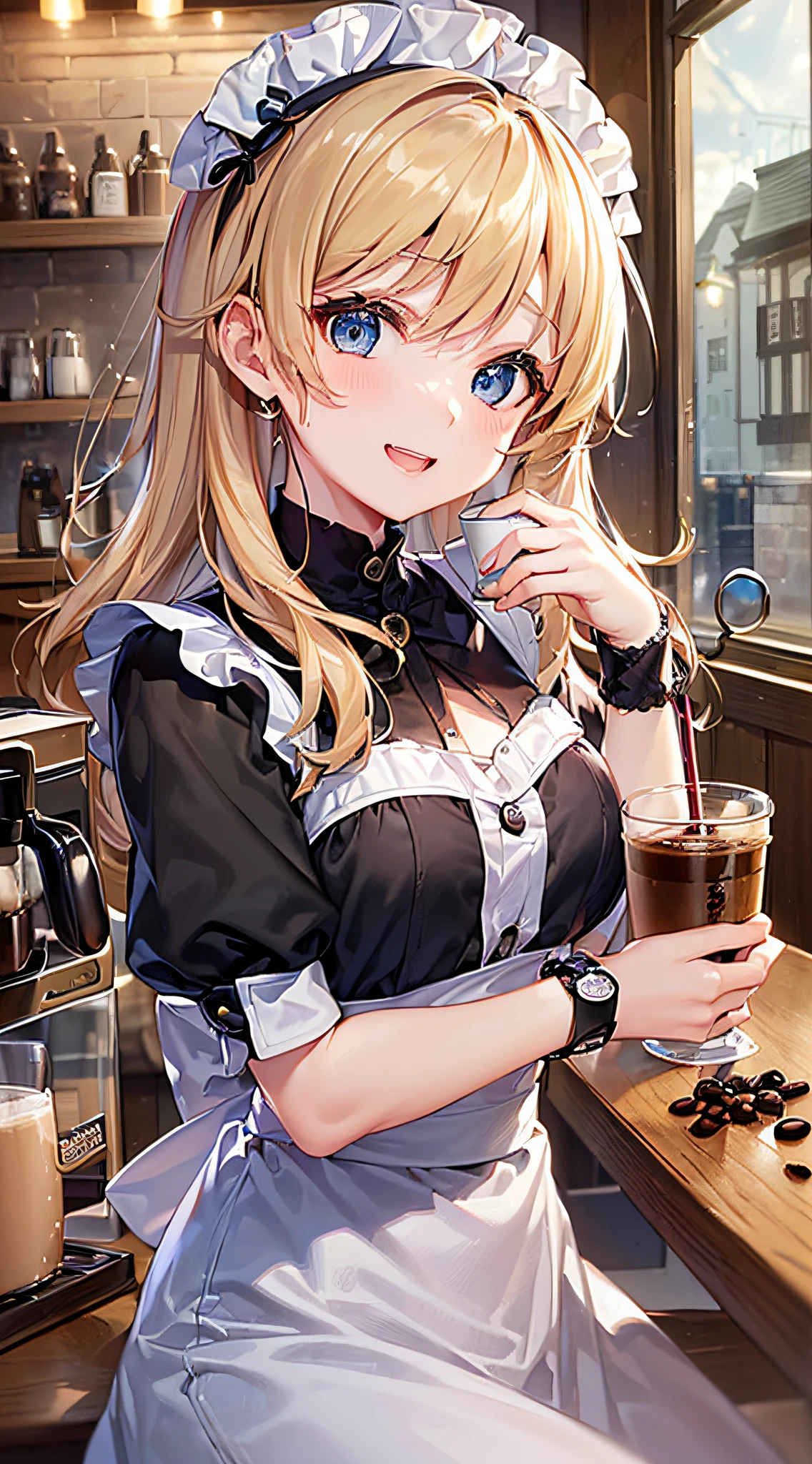 top-quality、Top image quality、​masterpiece、girl with((18year old、Maid clothes with open chest、Best Bust、Bust 85、a blond、Longhaire、Blue eyes、open chest wide、Valley、Happiness、Black wristband on wrist、A slender、耳Nipple Ring、The wind blows,holding coffee cup、close to viewer、Face-to-face with your audience、Take a seat、Cheek cane)）hiquality、visualart、Background with((Night Coffee Shop、Counter seats、Coffee maker))、The table(menu、Coffee Cups Coffee Cups、Sugar Bottle、Milk),masutepiece、