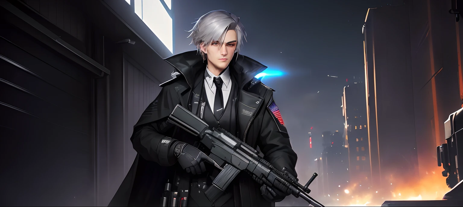 there is a man in a black coat and a tie holding a gun, platinum attire, in a dark space mercenary outfit, in game, in - game, in-game, dark suit, girls frontline universe, girls frontline style, ingame image, mechanic punk outfit, he has dark grey hairs, xqc, platinum skin, from girls frontline