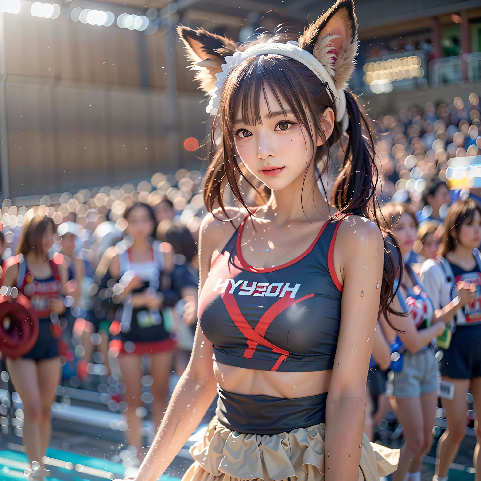 (8k, highest quality, high resolution), (photo realistic:1.4), (hyper realistic:1.4), (realistic:1.3), (smoother lighting:1.05), (1girl:1.3), inside the stadium, cheerleader, The upper part of the body, (body wet with sweat, face wet with sweat), Beautiful face:1.2, medium breasts, ruffled miniskirt, knee-high boots, 18 years old, very detailed face:1.37, makeup, lipgloss, face focused, standing, small face, looking forward, wearing a garter belt, fox ear headband, toned hips, smile:1.3