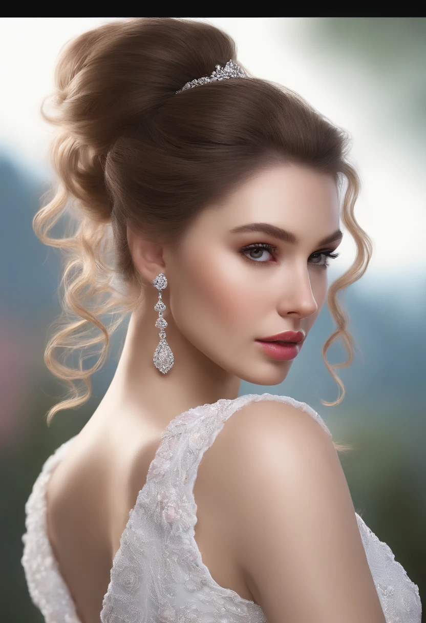 Masterpiece, Best Quality, 1girls, profile, ponytail, updo hair, nape of neck, pink lips, slightly upturned nose, long eyelashes, realistic skin texture, attractive face, blurred, white background