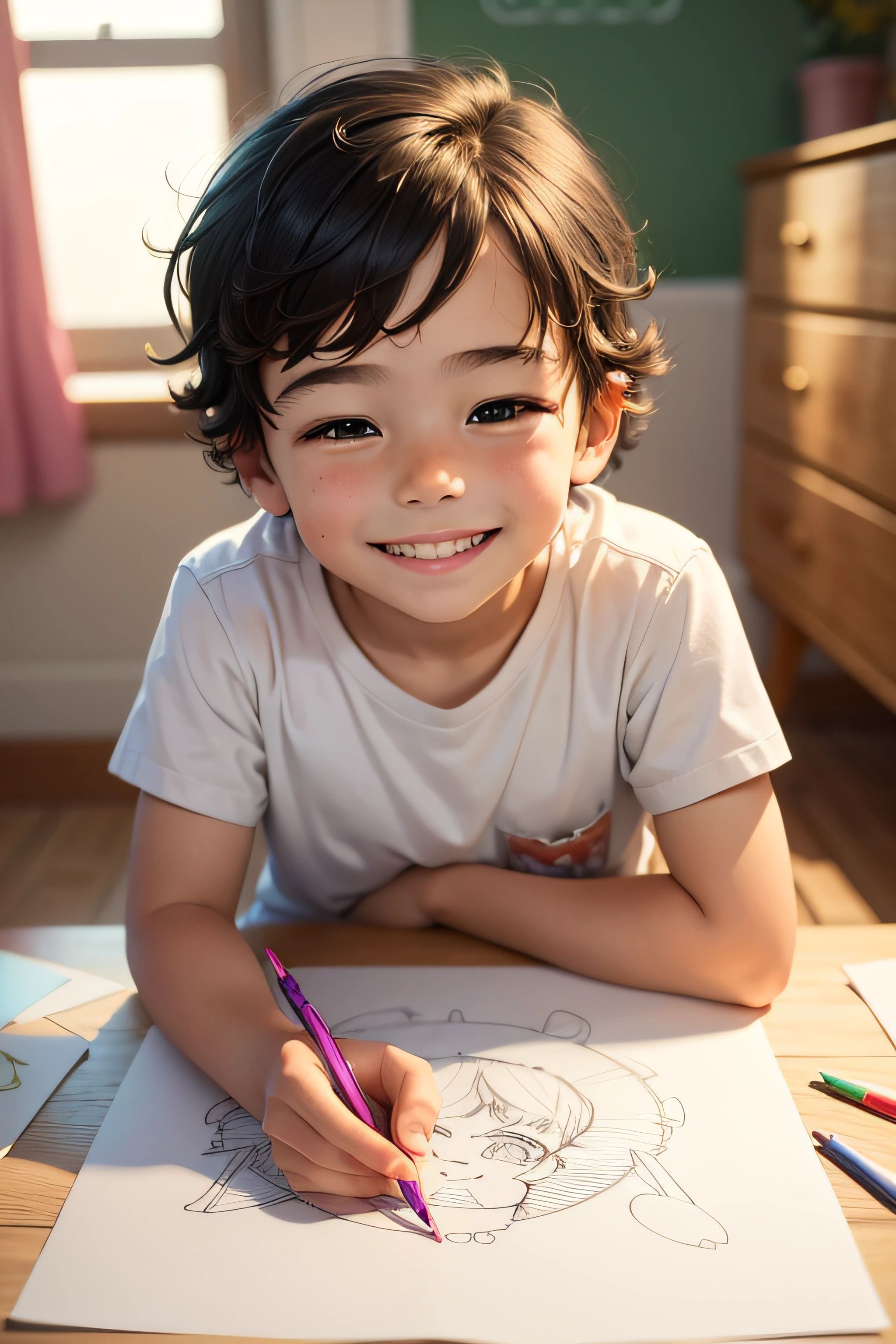 A beautiful in the room coloring drawing with a huge smile on his face