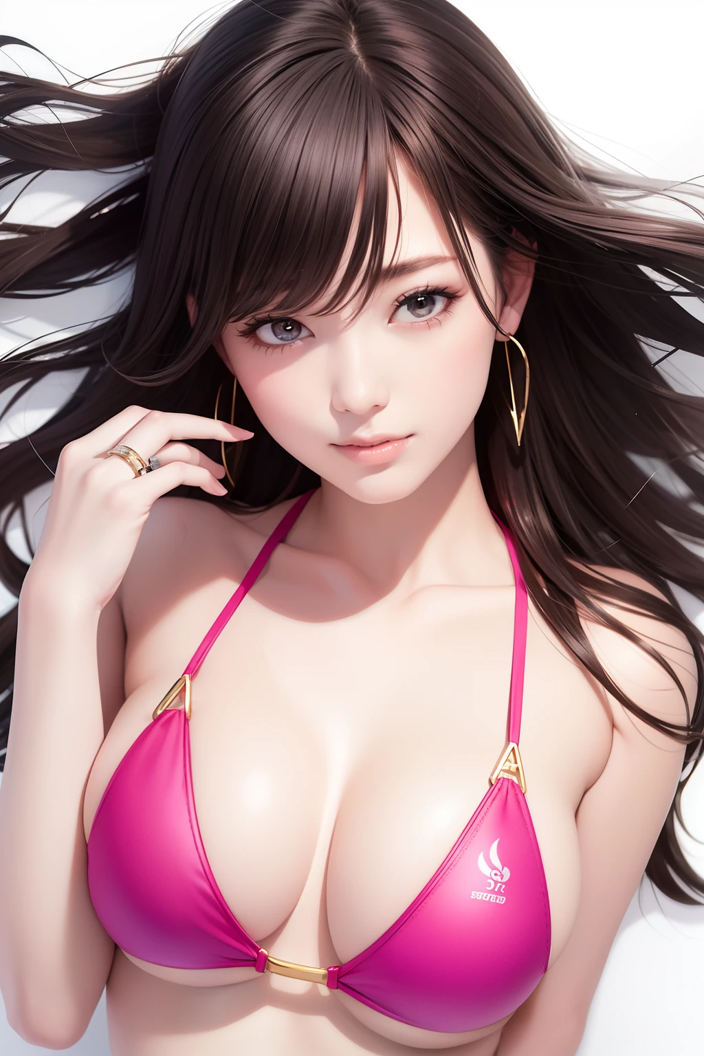 FULL BODYSHOT、​masterpiece、top-quality、hight resolution、Dark hair、Super long hair、Bangs are aligned、Pink Swimsuit、Triangle Bikini、Ring on the ring finger of the left hand、1 Ring、Closing one eye、winking、White background