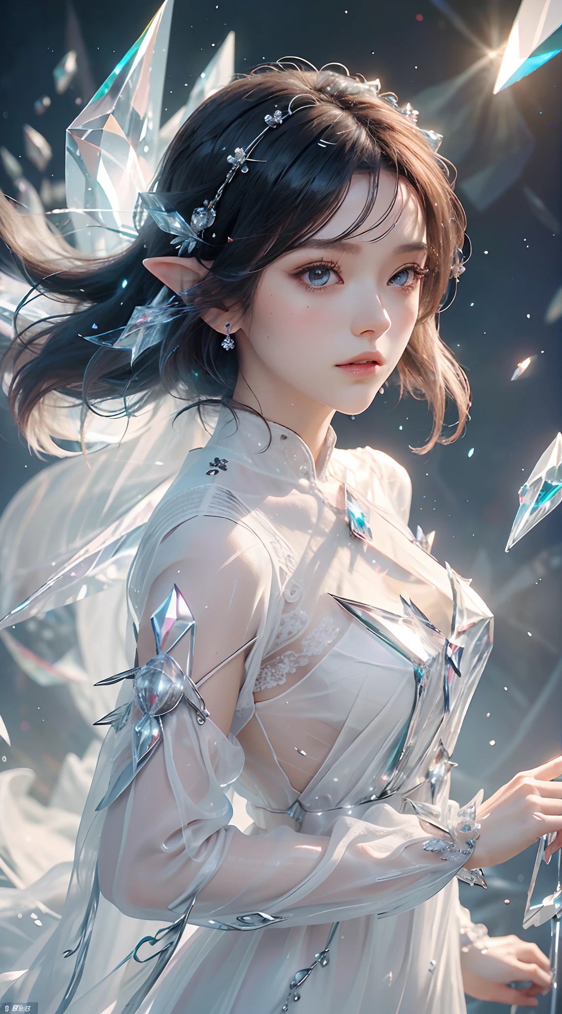 (Masterpiece, Top Quality, Best, Official Art, Beautiful and Aesthetic, Long Exposure: 1.2), Smooth Movement, Charming Patterns, 1 Girl, (Long Dress with Sleeves: 1.3), (((White Clothes) )), upper body close-up, bare shoulders, Chinese girl, blush, black lob hair, portrait, solo, upper body, looking at the observer, detailed background, detailed face, (crystallineAI, crystalline theme:1.1), elemental wind elves, rotation Wind, control the wind, white crystal clothing, dynamic pose, floating particles, ethereal dynamics, whirlwind, vapor, whirlwind in the background, white tone, whirlwind, ethereal atmosphere,