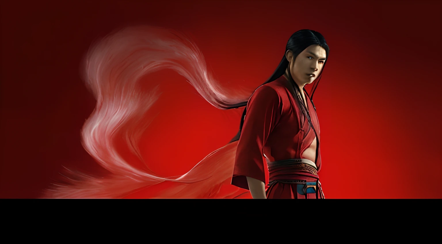 asian man that forward facing with long hair and red background with water character from avatar the last air bender