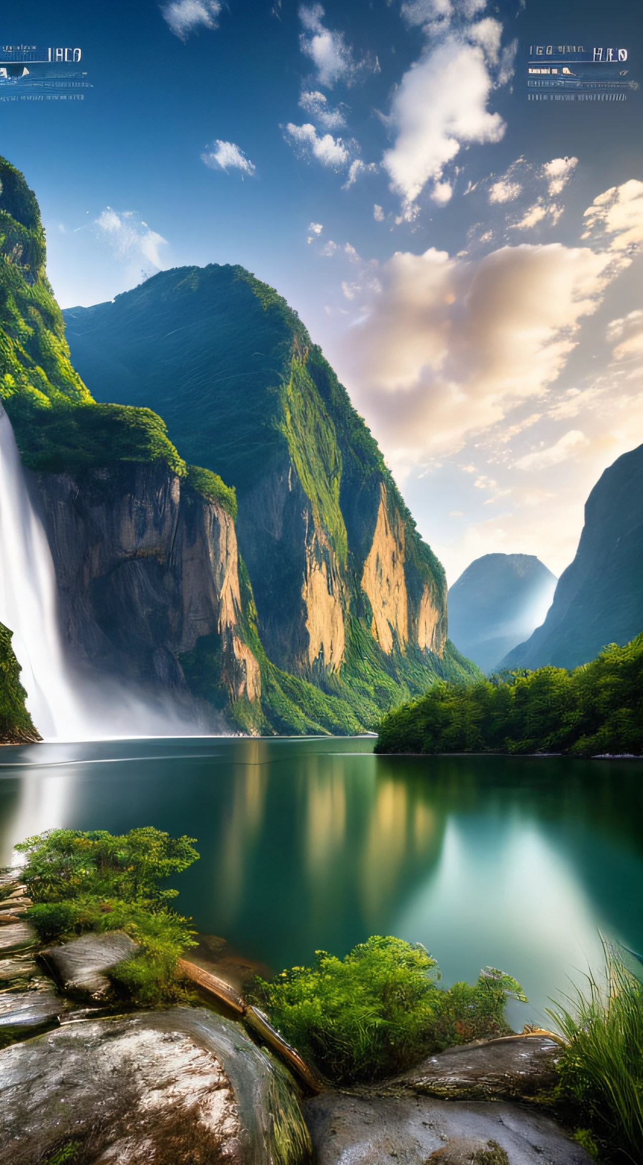 Masterpiece, ultimate quality, Cg unity 8k wallpaper, super delicate, beautiful sky and clouds, rich natural scenery, cliffs, lakes and rivers, waterfalls and flying water, beautiful green mountains, no trace of people, excellent scenery, has already won a photo contest, background Blurring, full depth of field, HDR high dynamics, true restoration, intricate, extreme details, dramatic presentation, perfectly presenting the style of midjourney art.