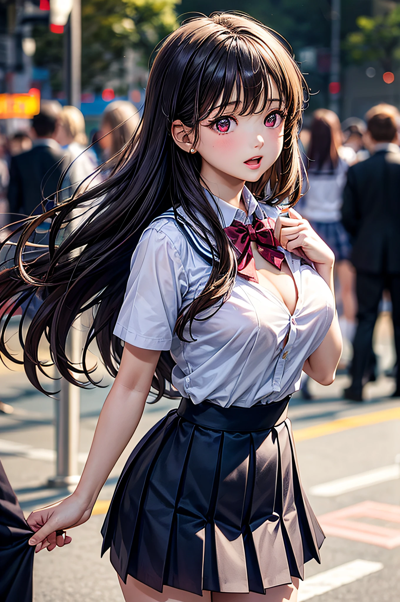 ((2girls)), ((Best Quality)), (Ultra-detailed), (extremely detailed CG unified 8k wallpaper), Highly detailed, High-definition raw color photos, Professional Photography, Brown hair, Amazing face and eyes, Pink eyes, (High School Uniform, Pleated mini-skirt:1.3), (High school uniform with wide open chest:1.35), (Beautiful big breasts), )(bared  chest)), (amazingly beautiful girl), (((Bokeh))), depth of fields,