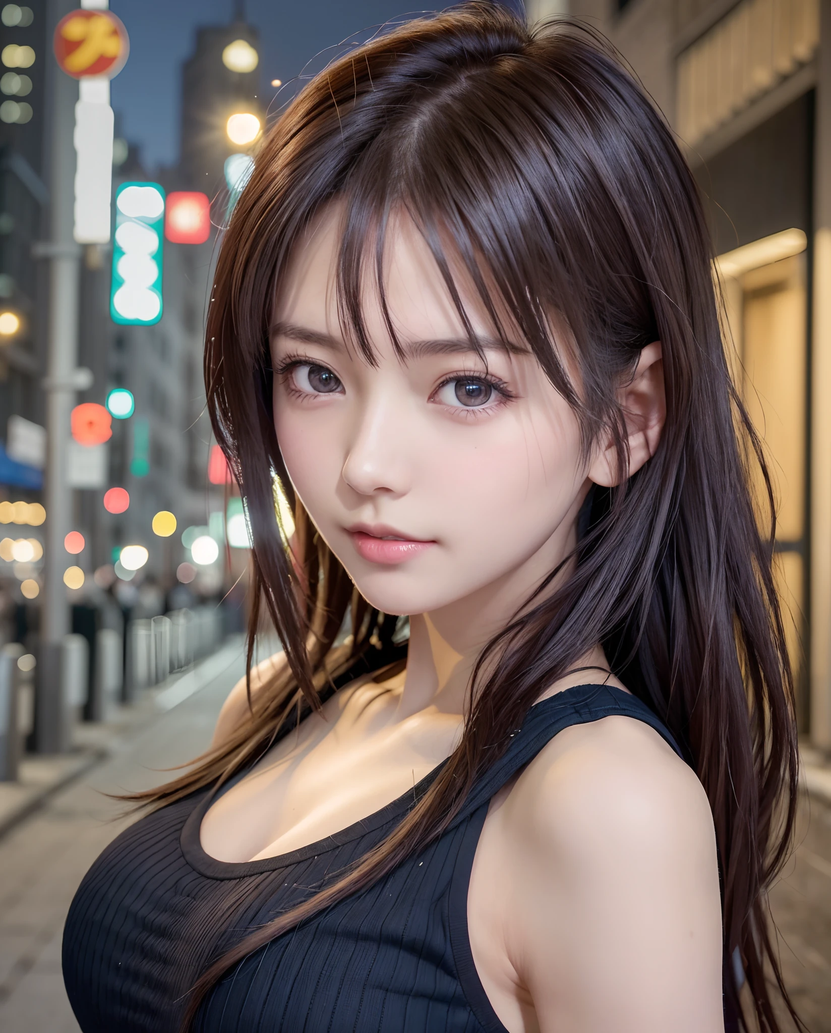 (Best quality, High resolution, Masterpiece :1.3), A pretty woman, Slender figure, Dark brown hair, T-shirt, (Street in city at night), Highly detailed face and skin texture, Detailed eyes, Double eyelid
