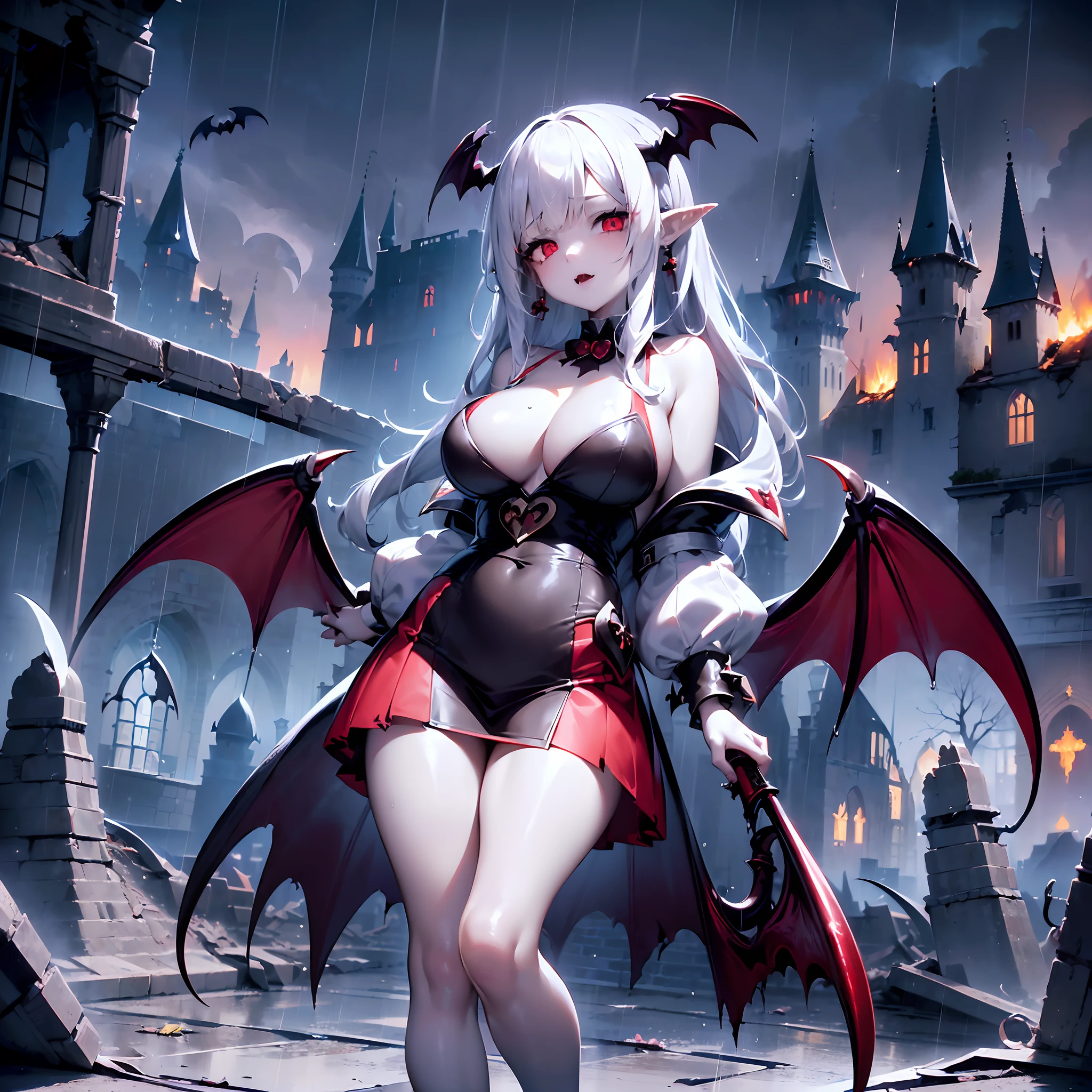 [(sky background:1.5),::5], (Masterpiece), perfect anatomy, perfect face, extremely high detailed design, extremely high quality, 8k resolution, 8k CG unity wallpaper, full body art, (((1girl/solo))), ((pale white skin)), (beautiful face with a serious expression, blushing:1.0) , bangs white long hair, (vampire horn:1.5), pointed ears, wearing gold earrings, vampire red eyes, (glow eyes:1.3), slim and sexy body, large breast, (vampire/bat wings:1.5), (wear soft dress, cool outfit), (holding cool vampire sword:1.5), one sword), (flying:1.5), darkness aura, (((abandoned castle background, destroyed and burned village:1.5))), (raining in day time:1.5), (foggy area:1.3), combat pose