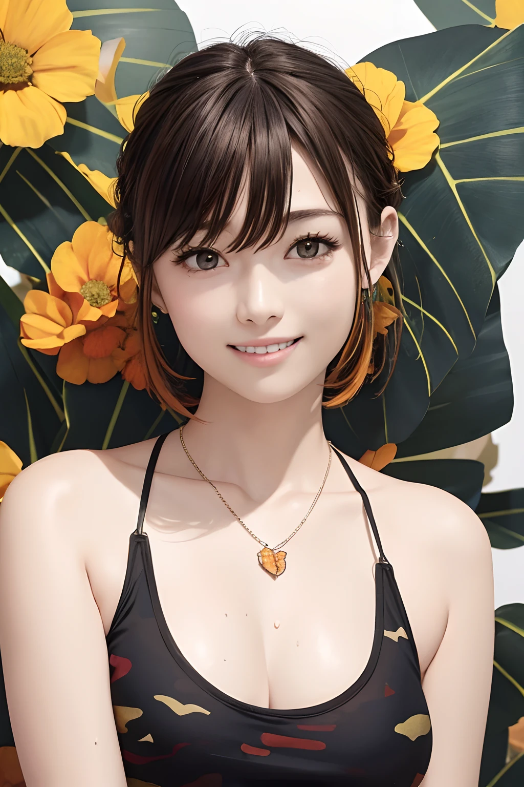 FULL BODYSHOT、an oil painting、masterpiece、top-quality、hight resolution、Orange hair、Cheerful woman、A smile、Camouflage pattern tank top、Black shorts、Sweaty skin、lightly dressed、lob hair、butterflys々a necklace、Butterfly Necklace、Hairstyle Rob、White background、is standing、Hands on hips、Black shorts、Camouflage pattern tops