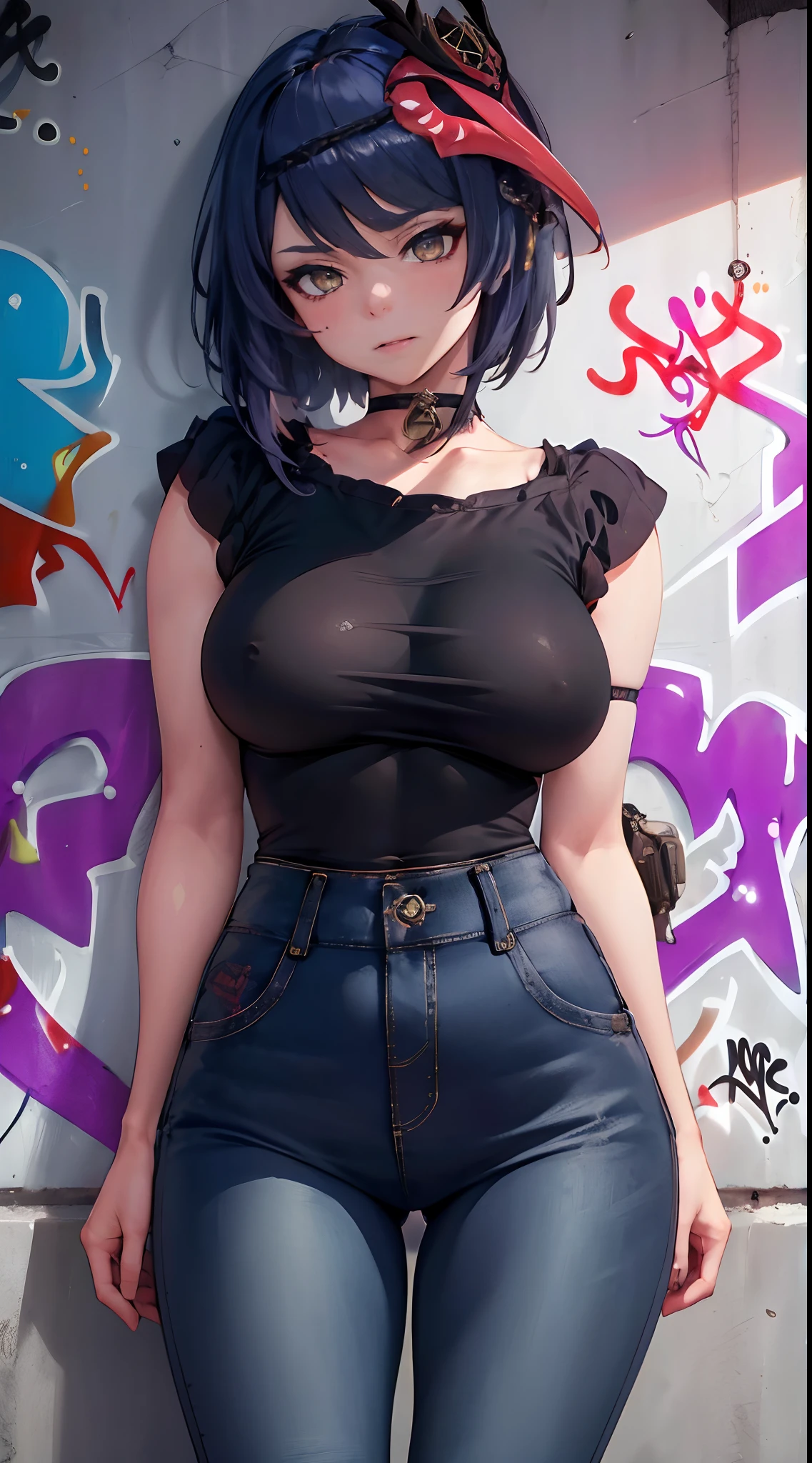 Kujou Sara Genshin Effect, masterpiece, bestquality, 1girls, oversized breasts, bara, dress shirt, Long Jeans, choker, (Graffiti:1.5), Splash with purple lightning pattern., arm behind back, against wall, View viewers from the front., Thigh strap, Head tilt, bored, water eyes,