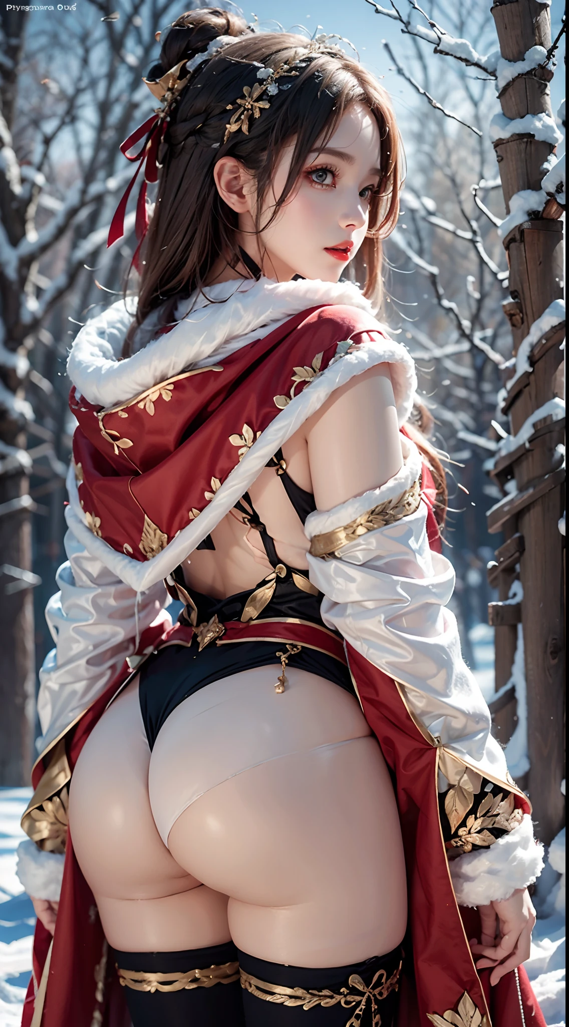 photorealistic, masterpiece, photorealistic, high resolution, soft light, hips up, ta costume，Cloak (Snow, Outdoor activities in winter:1.2), back view
