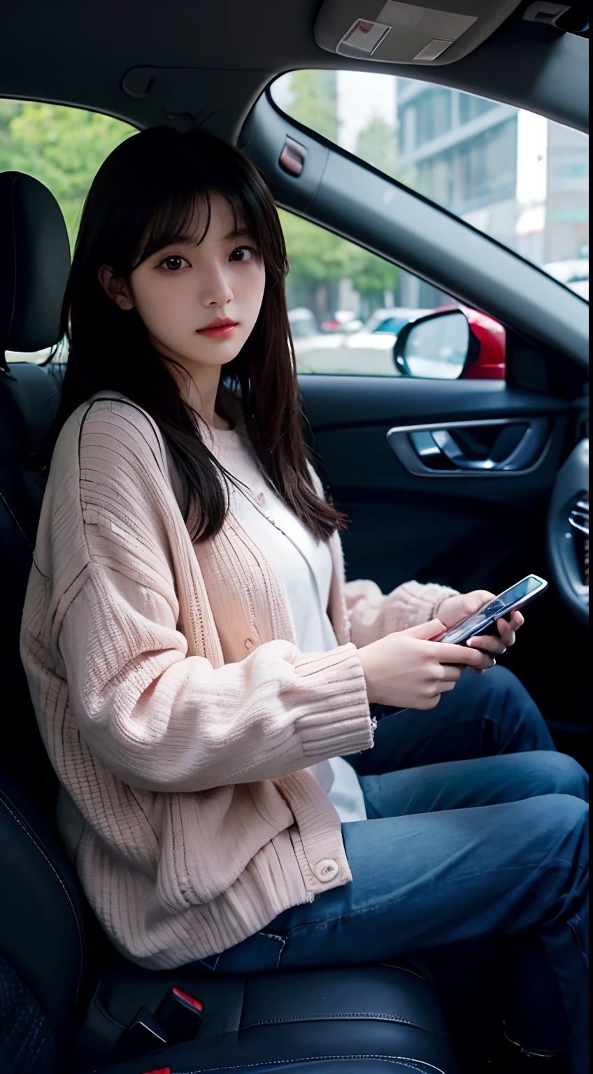 there is a woman that is sitting in a car with a cell phone, ulzzang, chiho, heonhwa choe, sakimichan, young cute wan asian face, 奈良美智, korean girl, taken in the early 2020s, jinyoung shin, young adorable korean face, 8k))