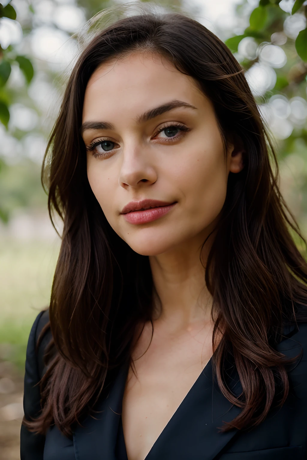 Executive woman, long straight dark hair, wearing a thin and elegant suit, front view, very detailed, 30 years, natural wave hair, blue eyes, innocent face, nature, happy, normal breast, high-res, masterpiece, best quality, intricate details, highly detailed, sharp focus, detailed skin, realistic skin texture, texture, detailed eyes, professional, 4k, charming smile, Canon shot, 85mm, shallow depth of field, Kodak vision color,  perfect fit body, extremely detailed, photo_\(ultra\), photorealistic, realistic, post-processing, maximum detail, roughness, real life, ultra realistic, photorealism, photography, 8k uhd, photography (grain of film) medium shot for closeup shot atmospheric dark lighting