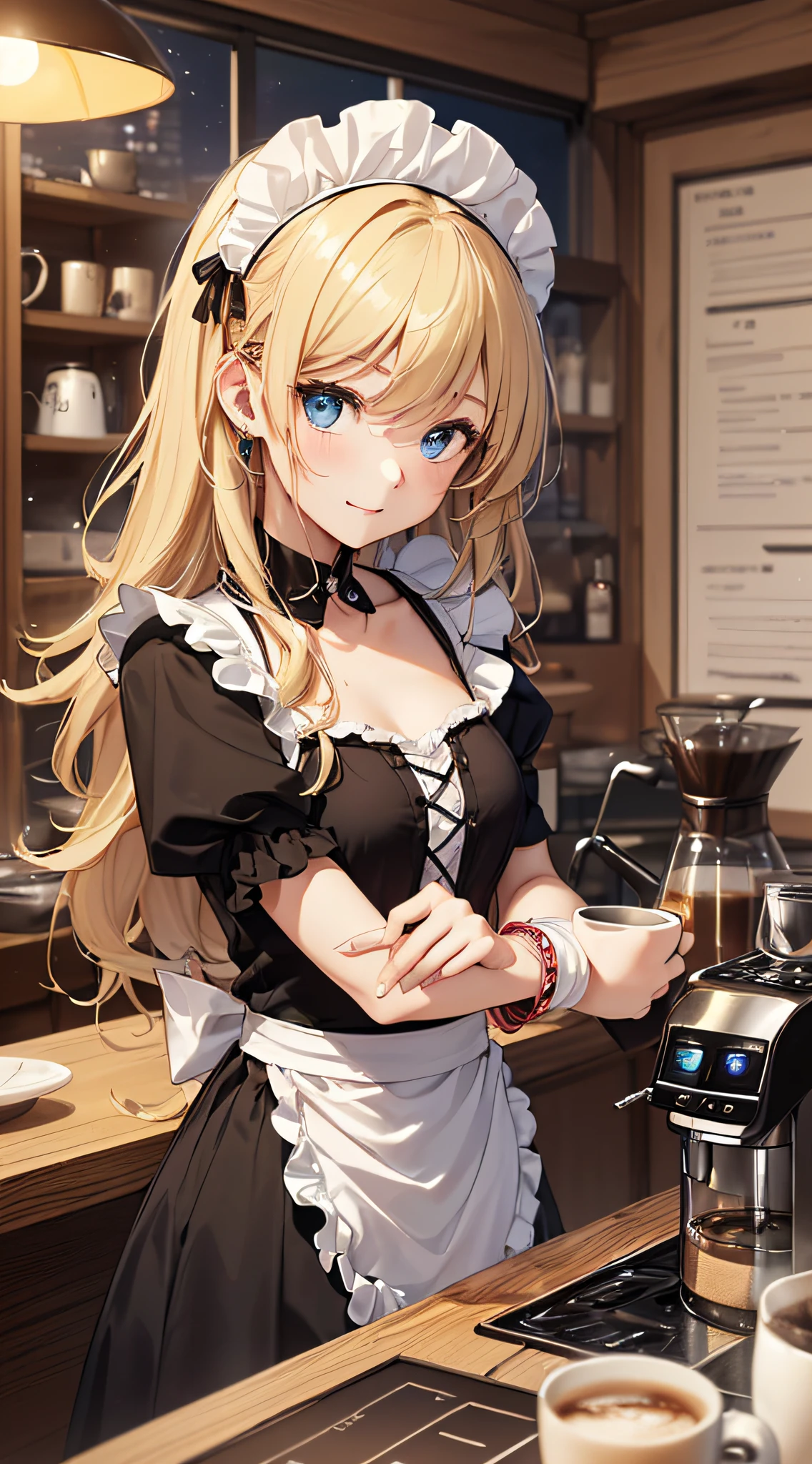 top-quality、Top image quality、​masterpiece、girl with((18year old、Maid clothes with open chest、Best Bust、Bust 85、a blond、Longhaire、Blue eyes、open chest wide、Valley、Happiness、Black wristband on wrist、A slender、耳Nipple Ring、The wind blows,holding coffee cup、close to viewer、Face-to-face with your audience、Take a seat、Cheek cane)）hiquality、visualart、Background with((Night Coffee Shop、Counter seats、Coffee maker))、The table(menu、Coffee Cups Coffee Cups、Sugar Bottle、Milk),masutepiece、