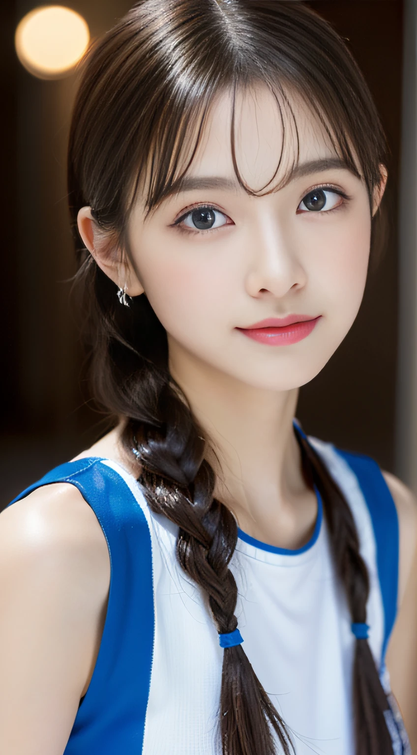 (in 8K), 13 years old slim1People Girls, Smiling, light pink and light blue kimono, Braided hair with parted bangs, Black hair, ((Pastel background)), flat chest、No skin exposure, (close up to face, Enlarge your face, Face Focus:1.5)
