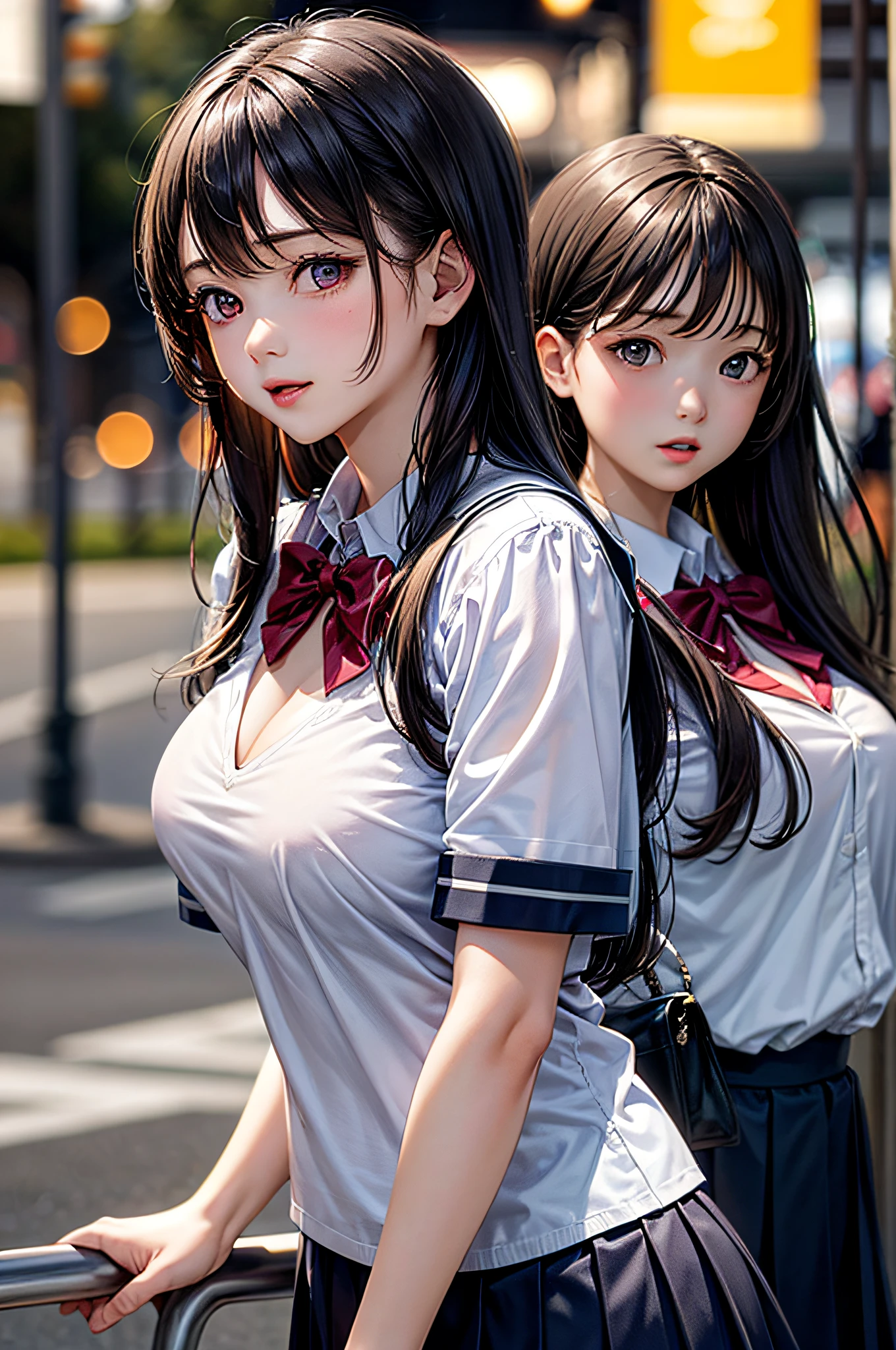 Three female students lined up in a row、brown curly hair、big breasts、cleavage、chest comes out、daytime park、mini skirt、thighs thighs thighs、navy pleated skirt、The short sleeve shirt is transparent、Sweat、sexy、adultery、despicable(highest quality,4k,8k,High resolution,masterpiece:1.2),super detailed,(realistic,photorealistic,photo-realistic:1.37),three students standing in a row,black haired,Big breasts,cleavage exposed,Night parking lot,mini skirt,thighs,navy pleated skirt,short sleeve shirt,sexy,debauch,sensual,concept art,shadows and highlights,powerful lighting,neon light,Bright colors,urban background,reflection,pay attention to facial features,expressive eyes,atmospheric ambience.girls who love dick、Female dog、conversion、earrings、classmate、erect nipples、