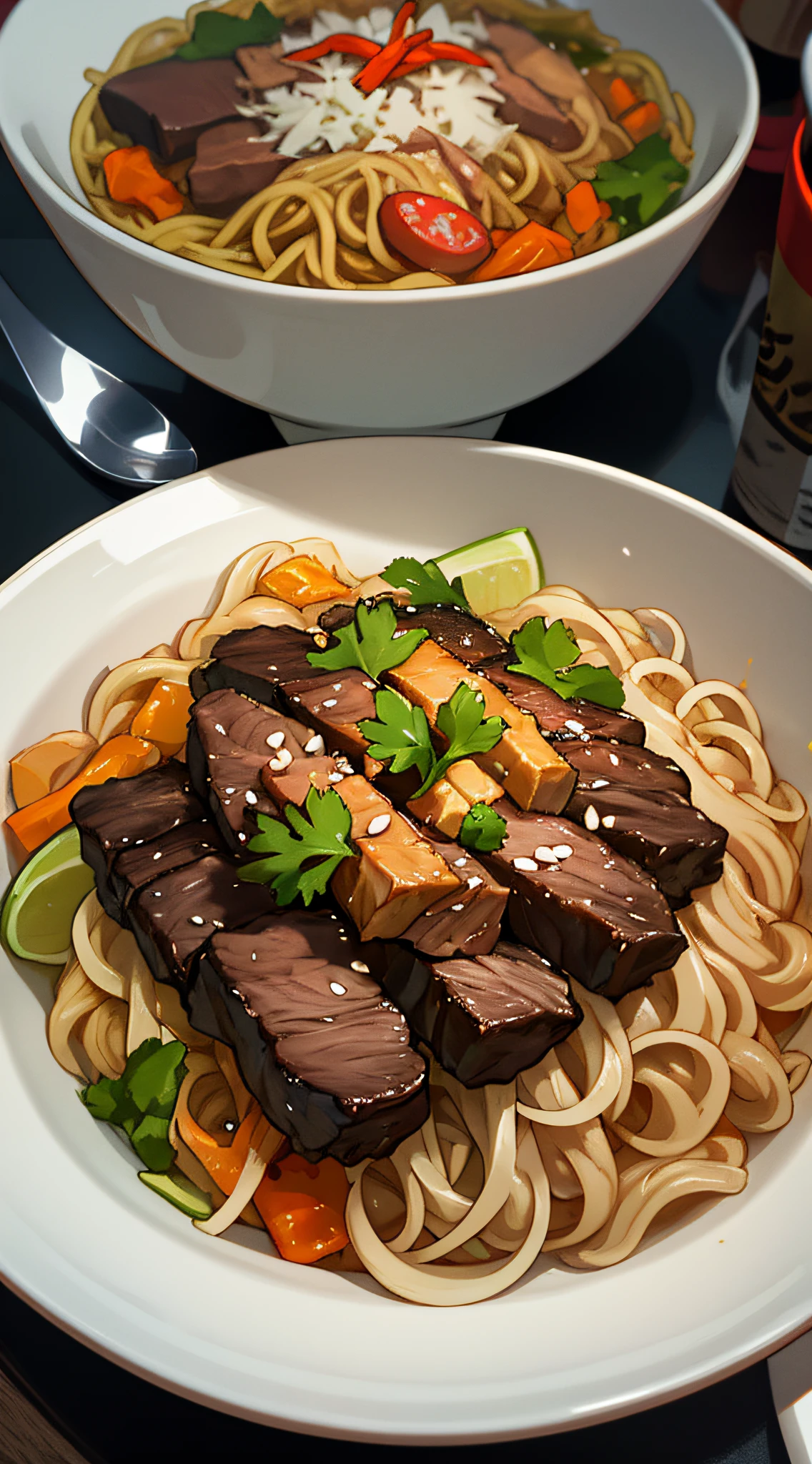 Close-up of a bowl of Chinese noodles，There is beef in it, In a colorful animation stills style, sci fi anime, Dark red and dark amber, Qian Xuan, organic sculpting, accurate and detailed, Anime core ,32k ULTRAHD, Best quality, Masterpiece, Super detail, High details
