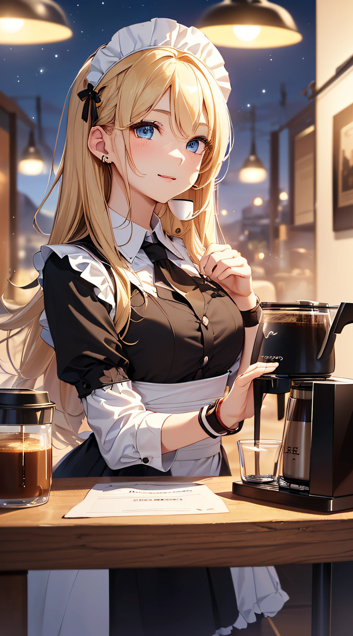 top-quality、Top image quality、​masterpiece、girl with((18year old、Maid clothes with open chest、Best Bust、Bust 85、a blond、Longhaire、Blue eyes、open chest wide、Valley、Happiness、Black wristband on wrist、A slender、耳Nipple Ring、The wind blows,holding coffee cup、close to viewer、Face-to-face with your audience、Take a seat、Cheek cane)）hiquality、visualart、Background with((Night Coffee Shop、Counter seats、Coffee maker))、The table(menu、Coffee Cups Coffee Cups、Sugar Bottle、Milk),masutepiece、