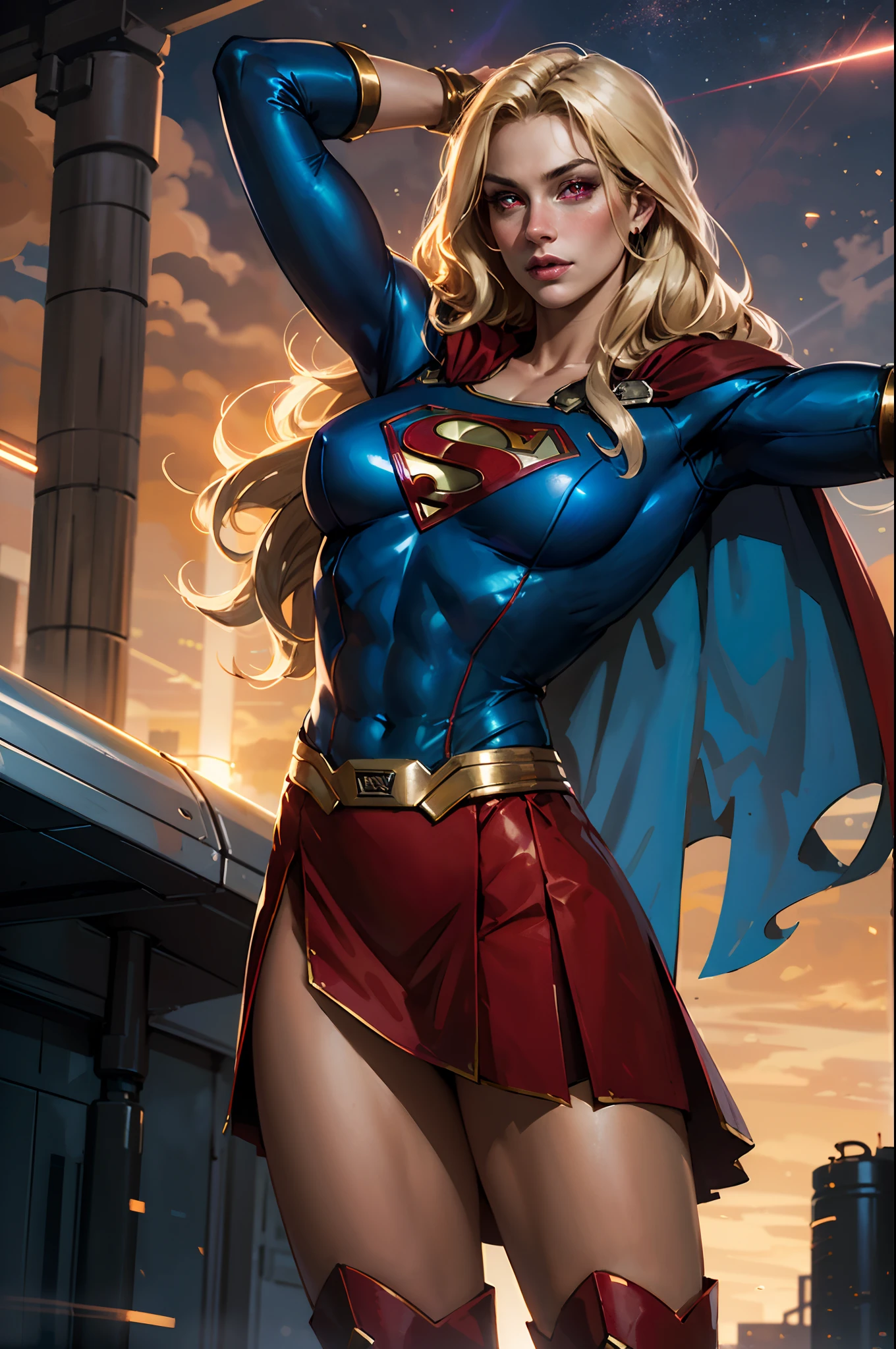 nijistyle, Cowboy shot of beautiful woman in Superman costume, Long Blonde Hair, Heroic, Glowing red eyes, laser eyes, Cape, Particle, nigh sky, stele,  skyporn, Red skirt, Red boots, Sexy Pose, large udder, Stretch one hand above your head, Taking to the skies, take off,